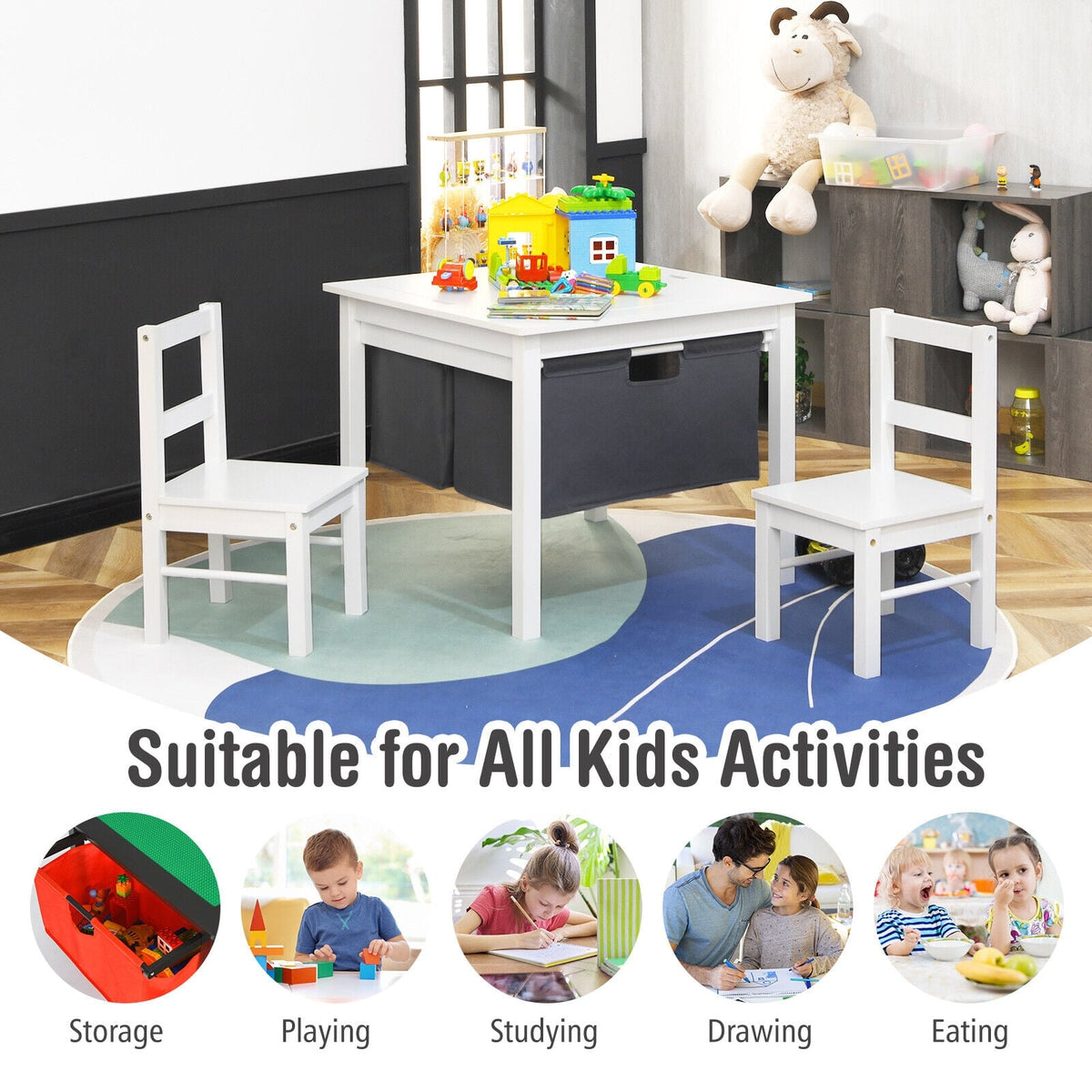 2-in-1 Kids Double-sided Activity Building Block Table with Drawers-White-Kids Tables & Chair Sets-DECOROLALA