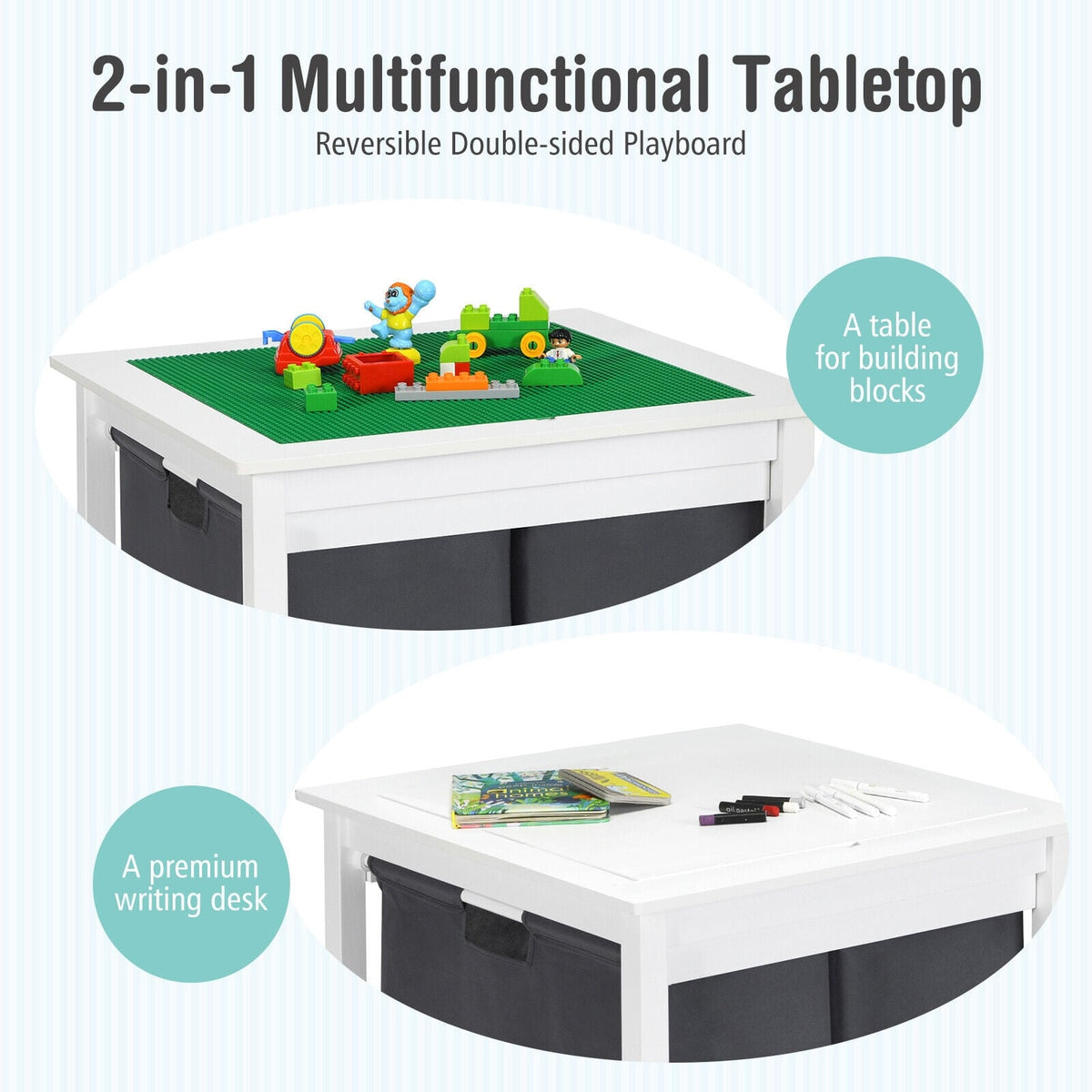 2-in-1 Kids Double-sided Activity Building Block Table with Drawers-White-Kids Tables & Chair Sets-DECOROLALA