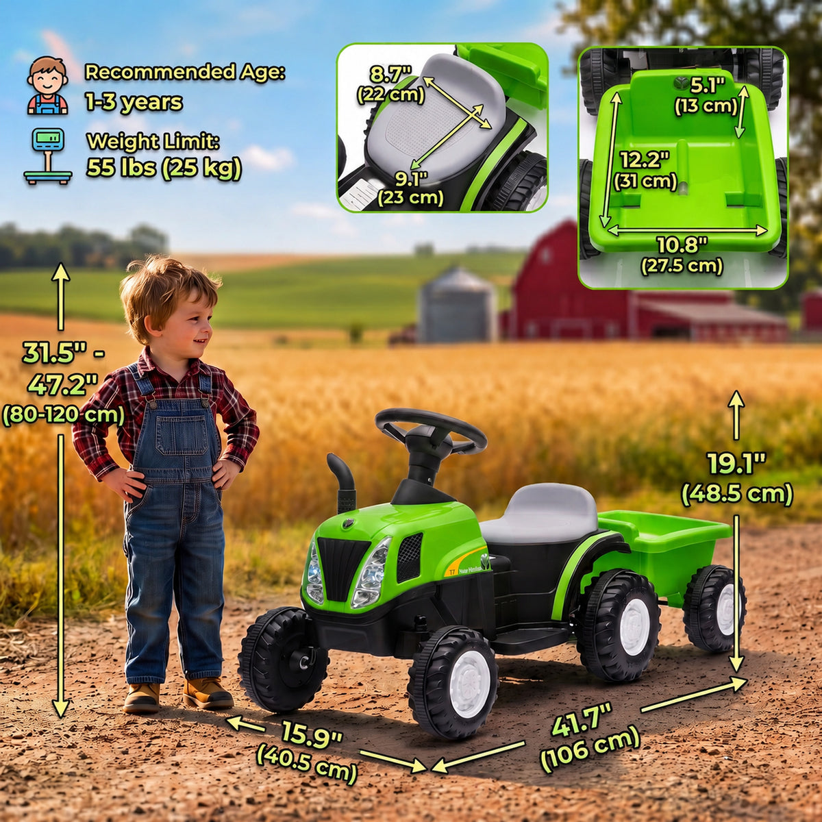 2 in 1 Kids Ride On Tractor, 6V Electric Vehicle with Detachable Trailer, Music, Horn, Lights for Ages 1-3 Years, Green-Toys & Games > Baby & Toddler Toys > Electric Ride-On Toys > Electric Toy Cars-DECOROLALA