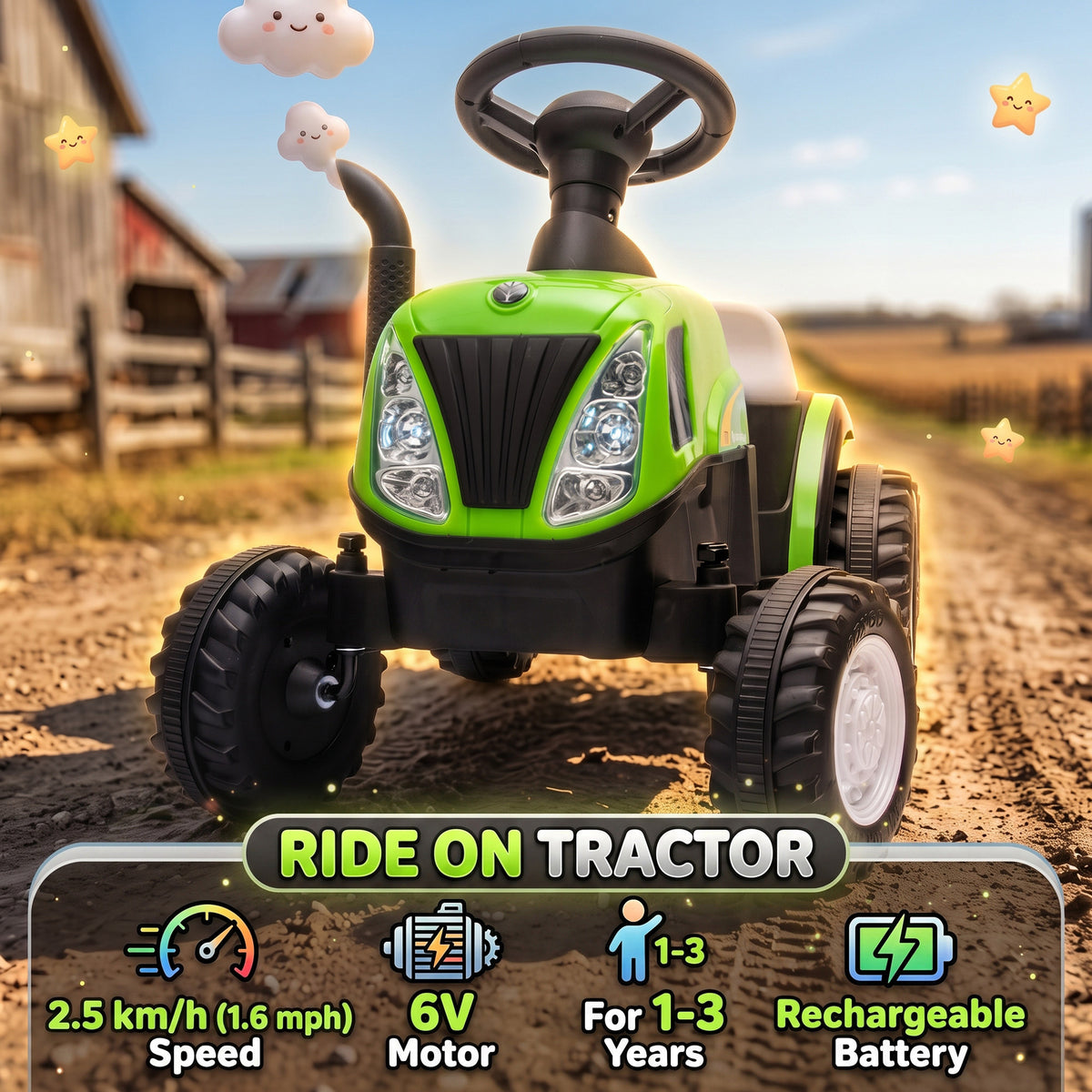 2 in 1 Kids Ride On Tractor, 6V Electric Vehicle with Detachable Trailer, Music, Horn, Lights for Ages 1-3 Years, Green-Toys & Games > Baby & Toddler Toys > Electric Ride-On Toys > Electric Toy Cars-DECOROLALA
