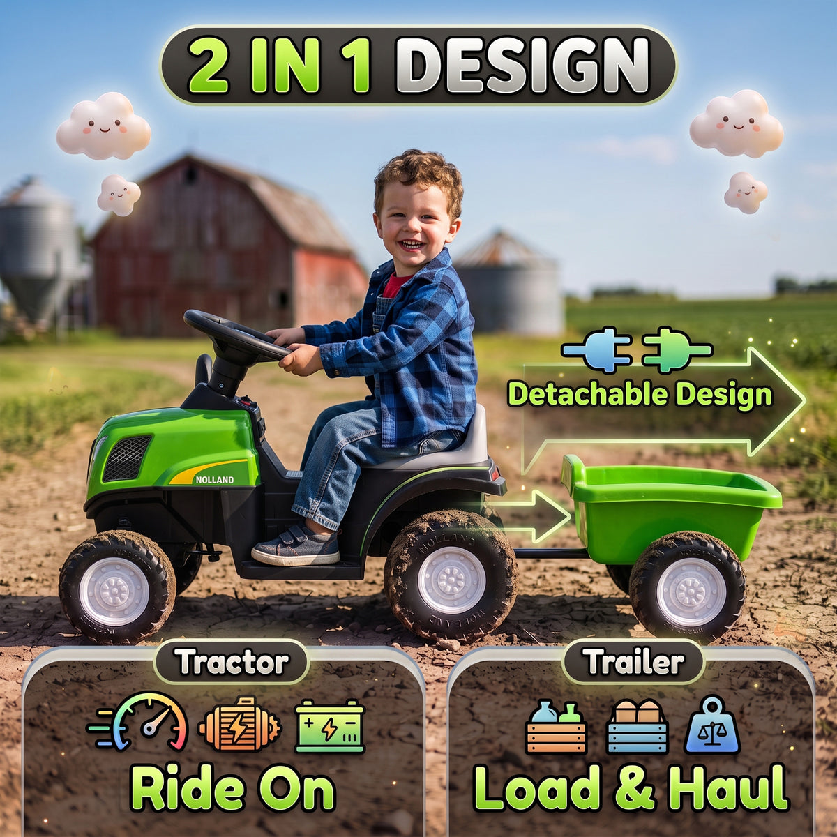 2 in 1 Kids Ride On Tractor, 6V Electric Vehicle with Detachable Trailer, Music, Horn, Lights for Ages 1-3 Years, Green-Toys & Games > Baby & Toddler Toys > Electric Ride-On Toys > Electric Toy Cars-DECOROLALA