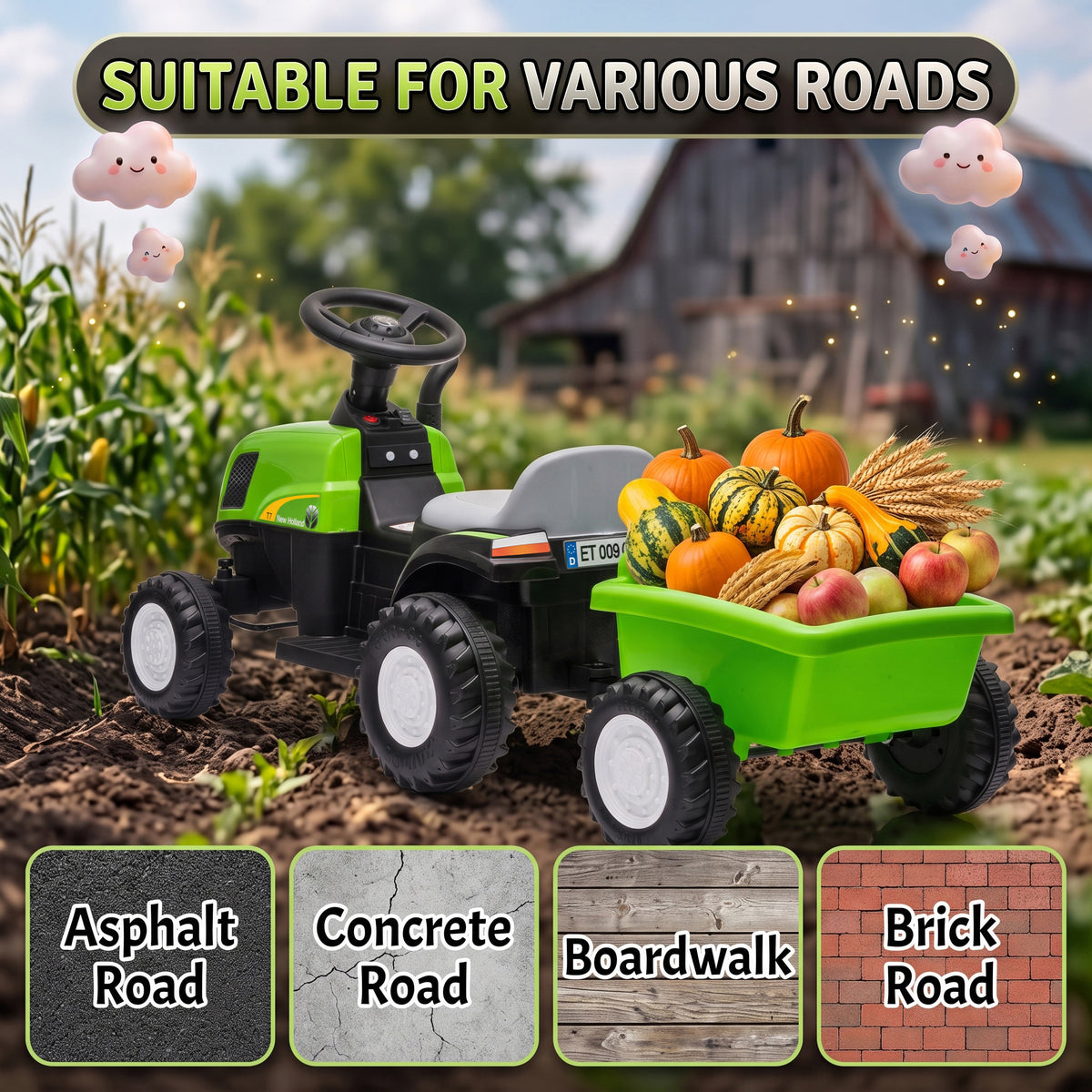 2 in 1 Kids Ride On Tractor, 6V Electric Vehicle with Detachable Trailer, Music, Horn, Lights for Ages 1-3 Years, Green-Toys & Games > Baby & Toddler Toys > Electric Ride-On Toys > Electric Toy Cars-DECOROLALA