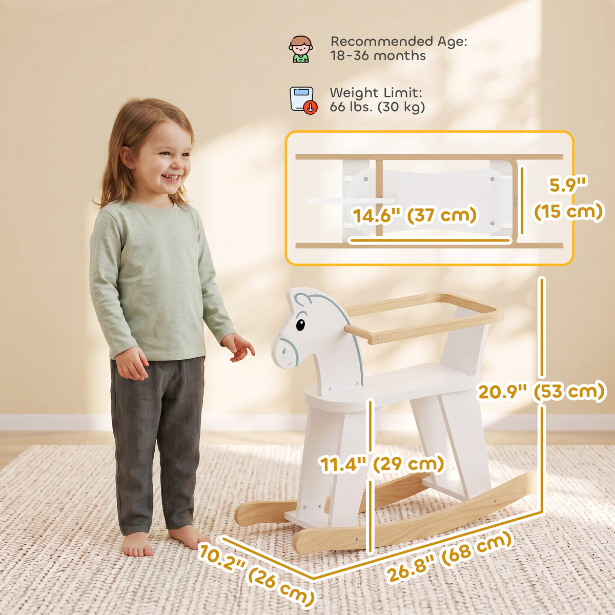 Rocking Horse, 2 in 1 Ride on Horse with Removable Fence, No-Tip Design, Gift for Toddlers 1.5-3 Years, White-Toys & Games > Baby & Toddler Toys > Riding & Rocking Toys > Rocking Horses-DECOROLALA