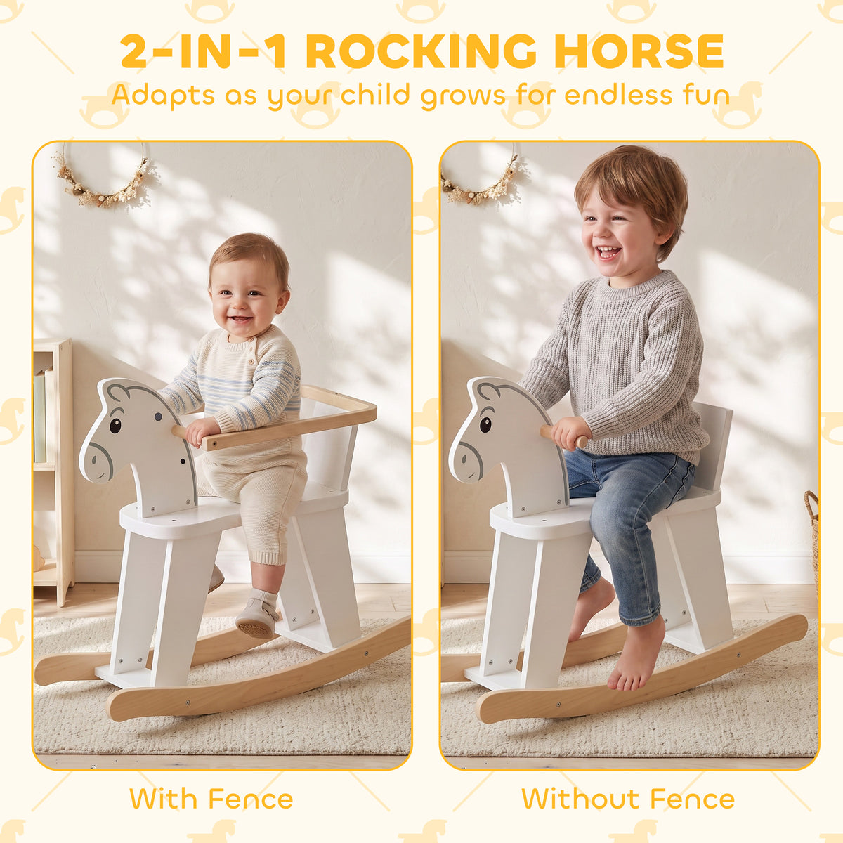 Rocking Horse, 2 in 1 Ride on Horse with Removable Fence, No-Tip Design, Gift for Toddlers 1.5-3 Years, White-Toys & Games > Baby & Toddler Toys > Riding & Rocking Toys > Rocking Horses-DECOROLALA