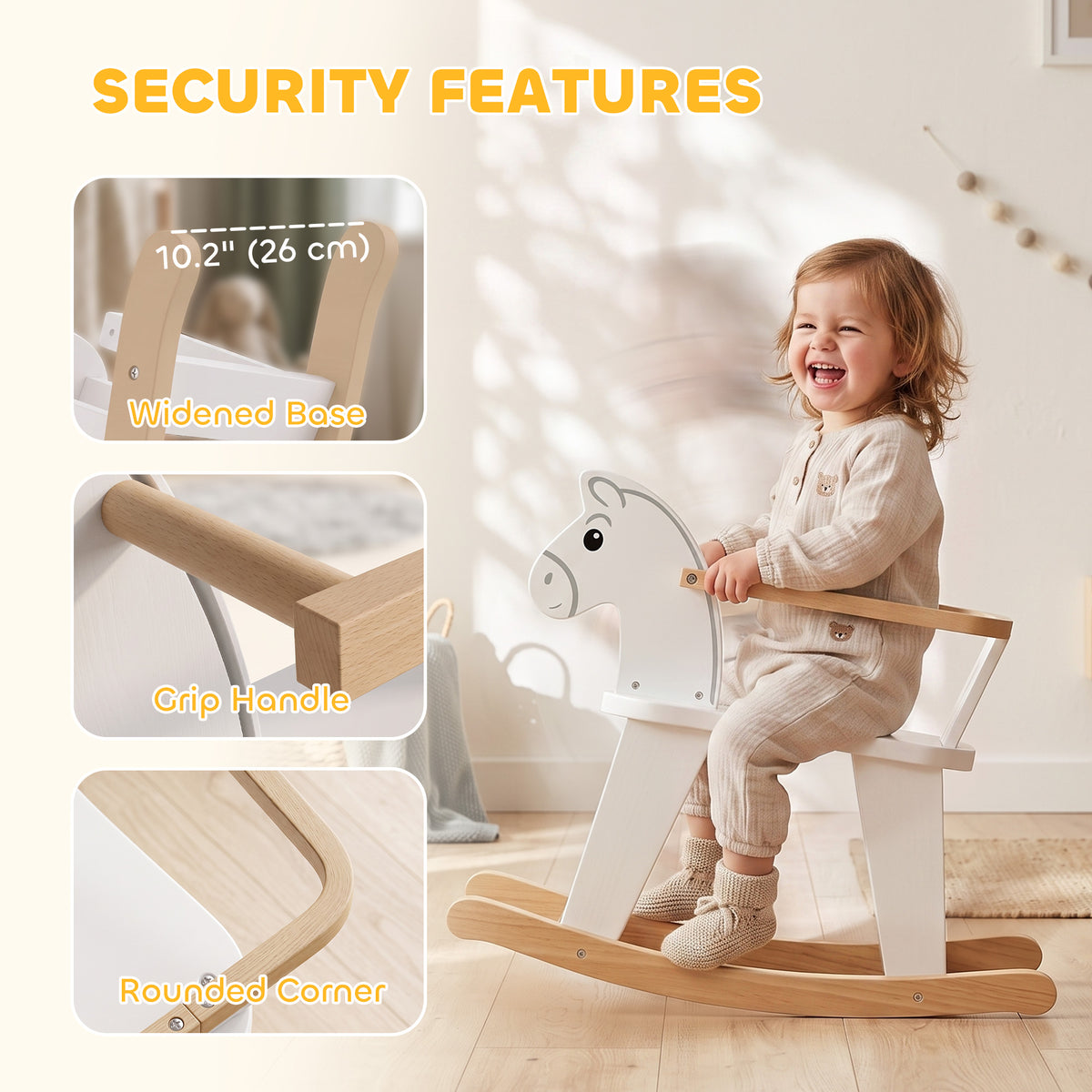 Rocking Horse, 2 in 1 Ride on Horse with Removable Fence, No-Tip Design, Gift for Toddlers 1.5-3 Years, White-Toys & Games > Baby & Toddler Toys > Riding & Rocking Toys > Rocking Horses-DECOROLALA