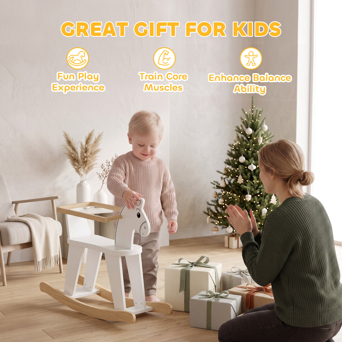 Rocking Horse, 2 in 1 Ride on Horse with Removable Fence, No-Tip Design, Gift for Toddlers 1.5-3 Years, White-Toys & Games > Baby & Toddler Toys > Riding & Rocking Toys > Rocking Horses-DECOROLALA