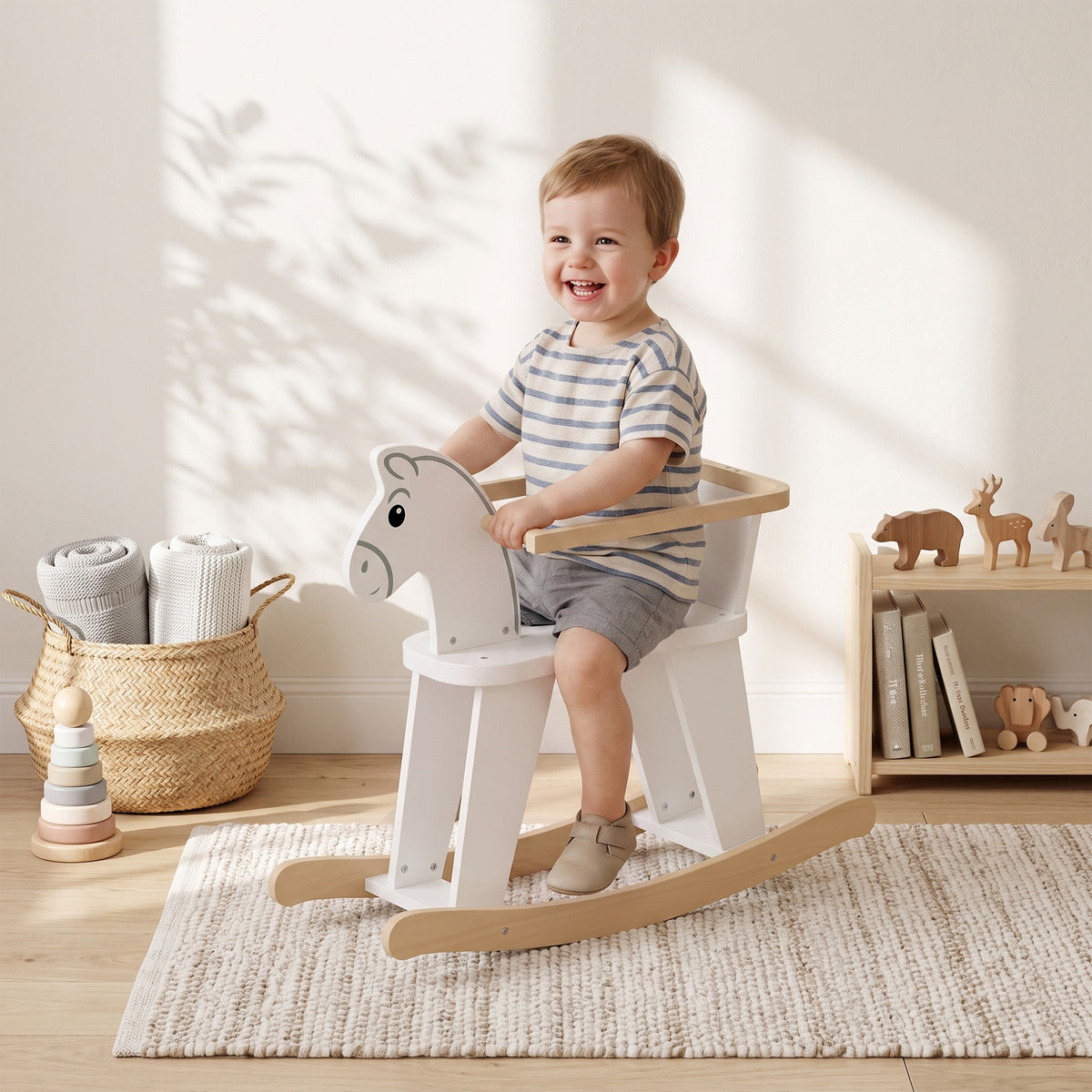 Rocking Horse, 2 in 1 Ride on Horse with Removable Fence, No-Tip Design, Gift for Toddlers 1.5-3 Years, White-Toys & Games > Baby & Toddler Toys > Riding & Rocking Toys > Rocking Horses-DECOROLALA
