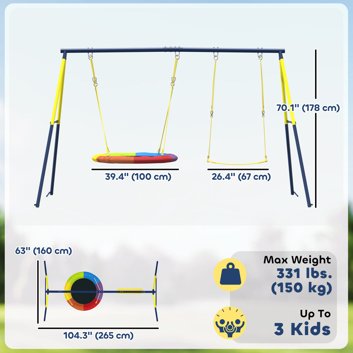 Kids Swing Set with Double Swings, Outdoor Playset with Adjustable Ropes, Metal Frame for Ages 3-8, 150kg Capacity-Toys & Games > Kids Outdoor Play > Gym Sets & Swings-DECOROLALA