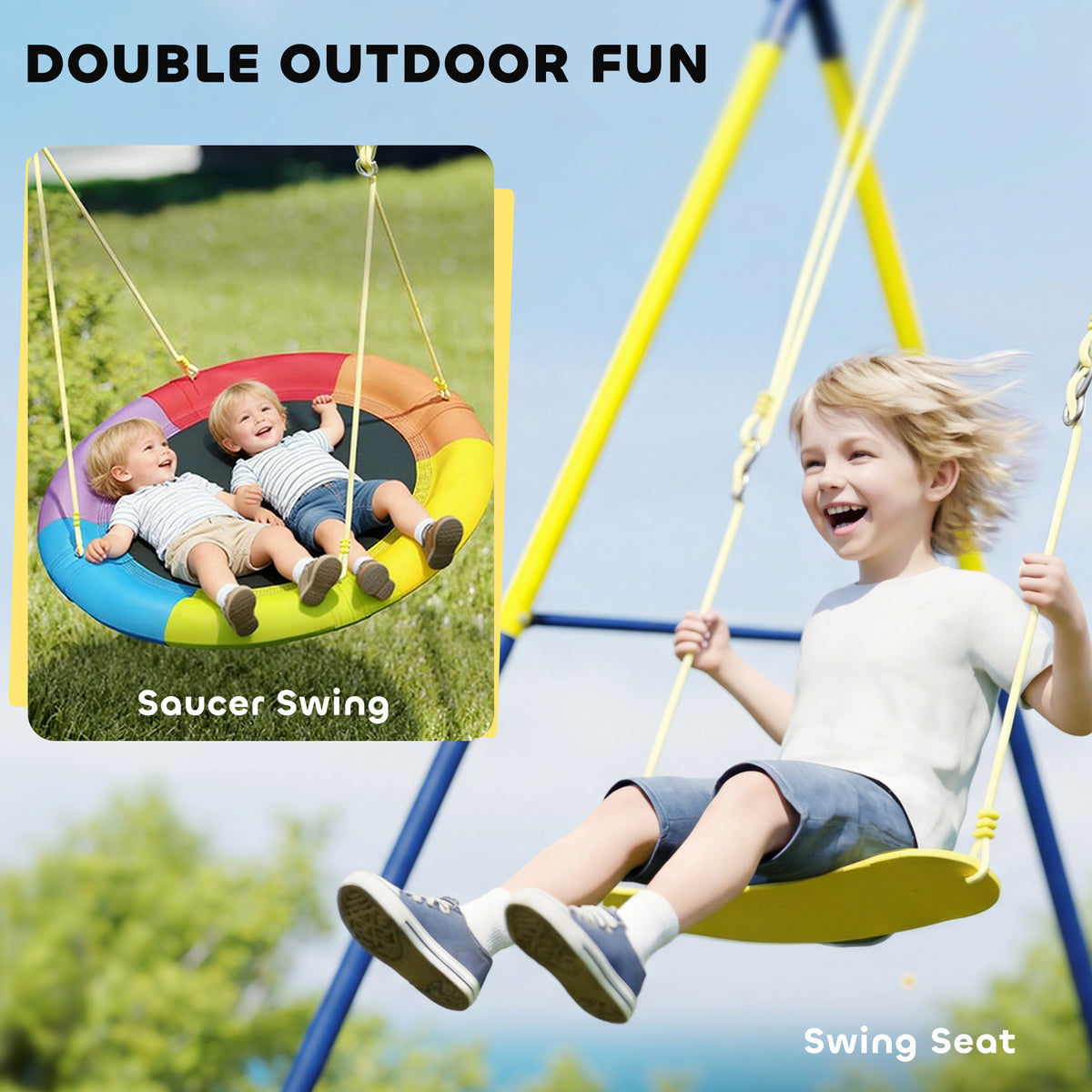 Kids Swing Set with Double Swings, Outdoor Playset with Adjustable Ropes, Metal Frame for Ages 3-8, 150kg Capacity-Toys & Games > Kids Outdoor Play > Gym Sets & Swings-DECOROLALA