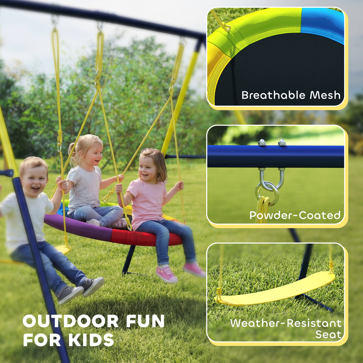 Kids Swing Set with Double Swings, Outdoor Playset with Adjustable Ropes, Metal Frame for Ages 3-8, 150kg Capacity-Toys & Games > Kids Outdoor Play > Gym Sets & Swings-DECOROLALA