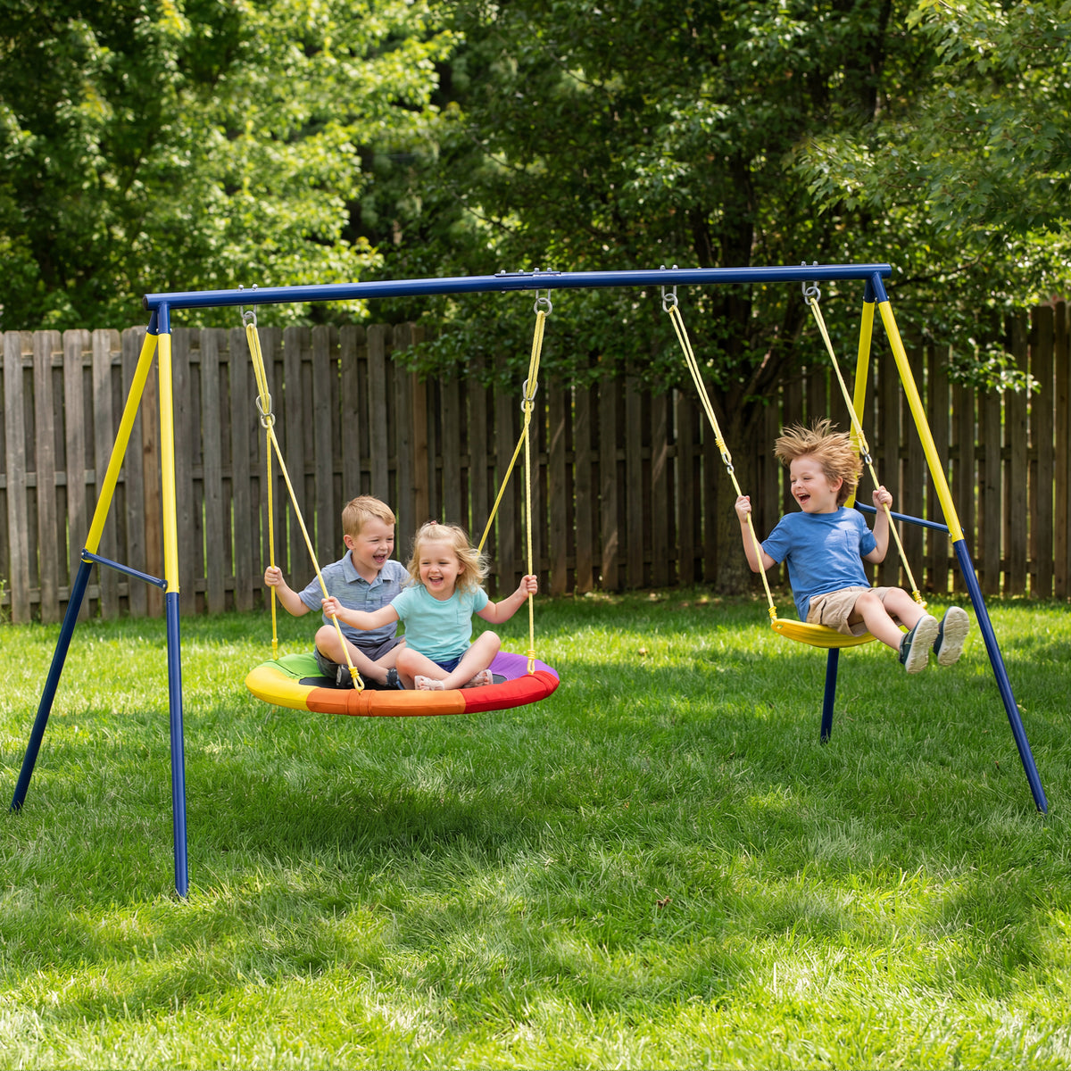 Kids Swing Set with Double Swings, Outdoor Playset with Adjustable Ropes, Metal Frame for Ages 3-8, 150kg Capacity-Toys & Games > Kids Outdoor Play > Gym Sets & Swings-DECOROLALA