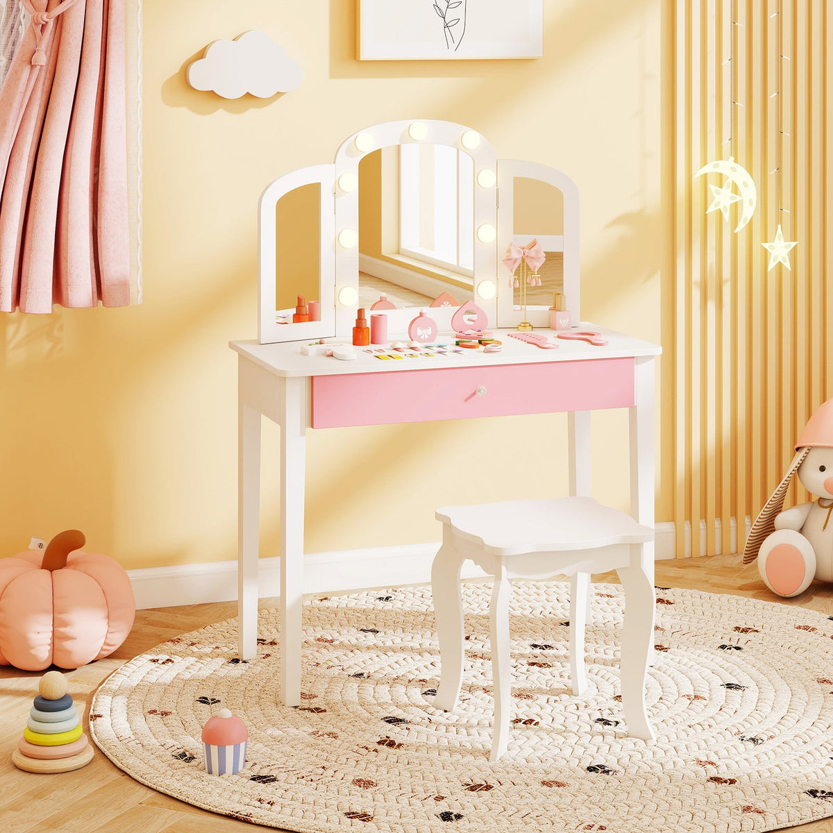 2-in-1 Kids Vanity Table Set with Tri-Folding Detachable Mirror and Lights-White-Kids Vanities-DECOROLALA