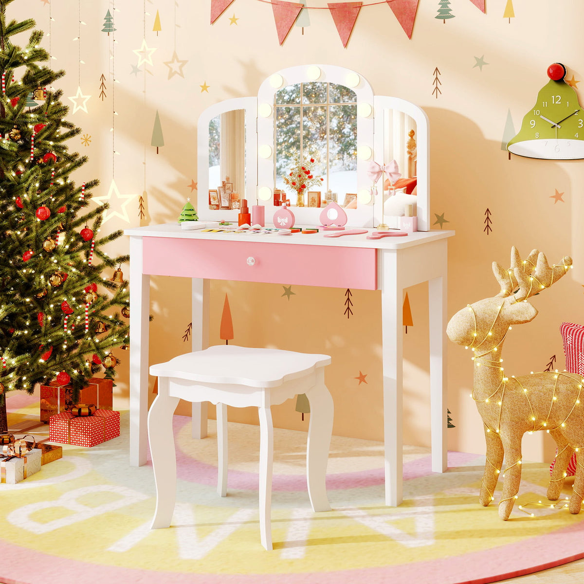 2-in-1 Kids Vanity Table Set with Tri-Folding Detachable Mirror and Lights-White-Kids Vanities-DECOROLALA