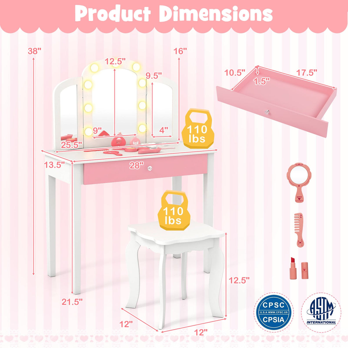 2-in-1 Kids Vanity Table Set with Tri-Folding Detachable Mirror and Lights-White-Kids Vanities-DECOROLALA