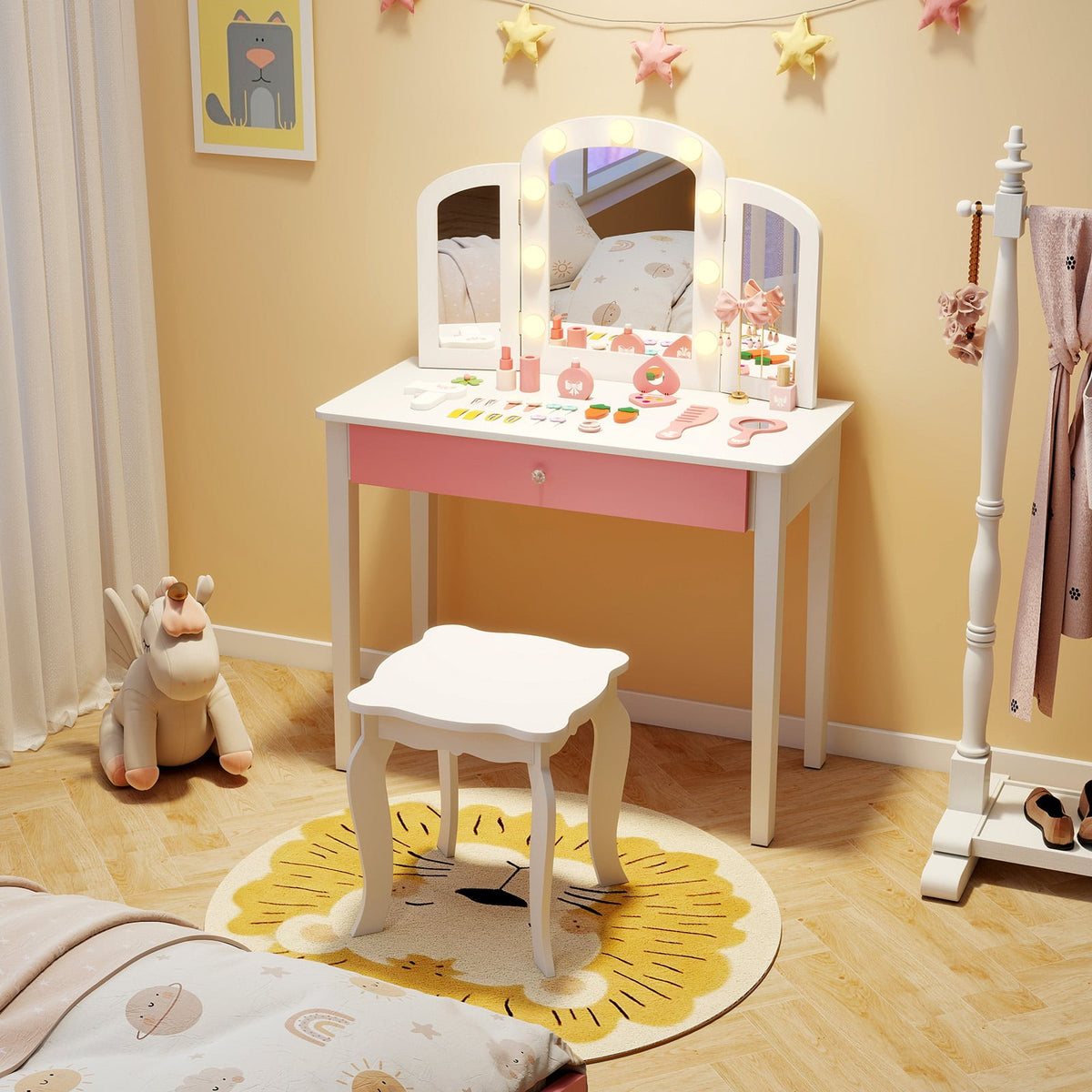 2-in-1 Kids Vanity Table Set with Tri-Folding Detachable Mirror and Lights-White-Kids Vanities-DECOROLALA