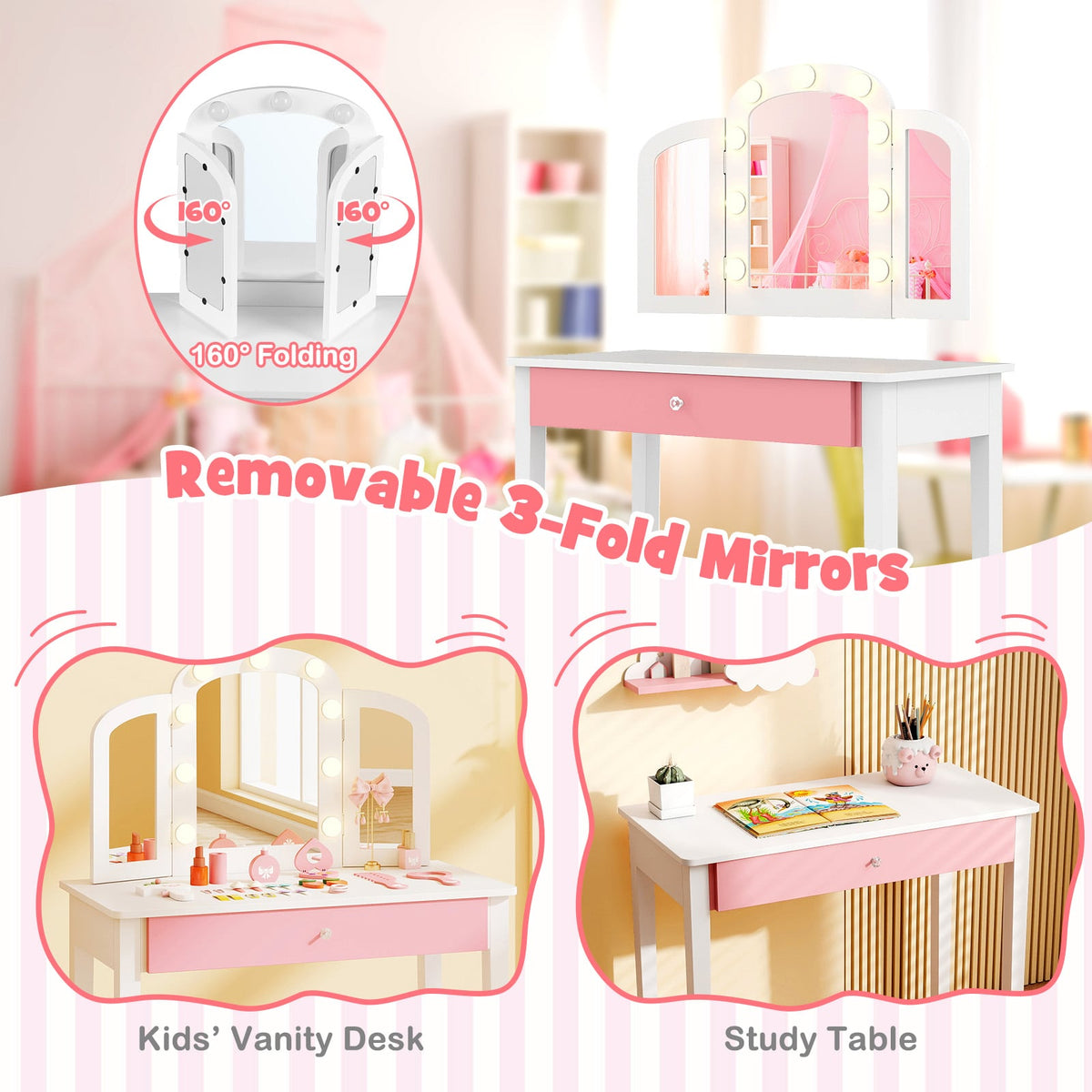 2-in-1 Kids Vanity Table Set with Tri-Folding Detachable Mirror and Lights-White-Kids Vanities-DECOROLALA