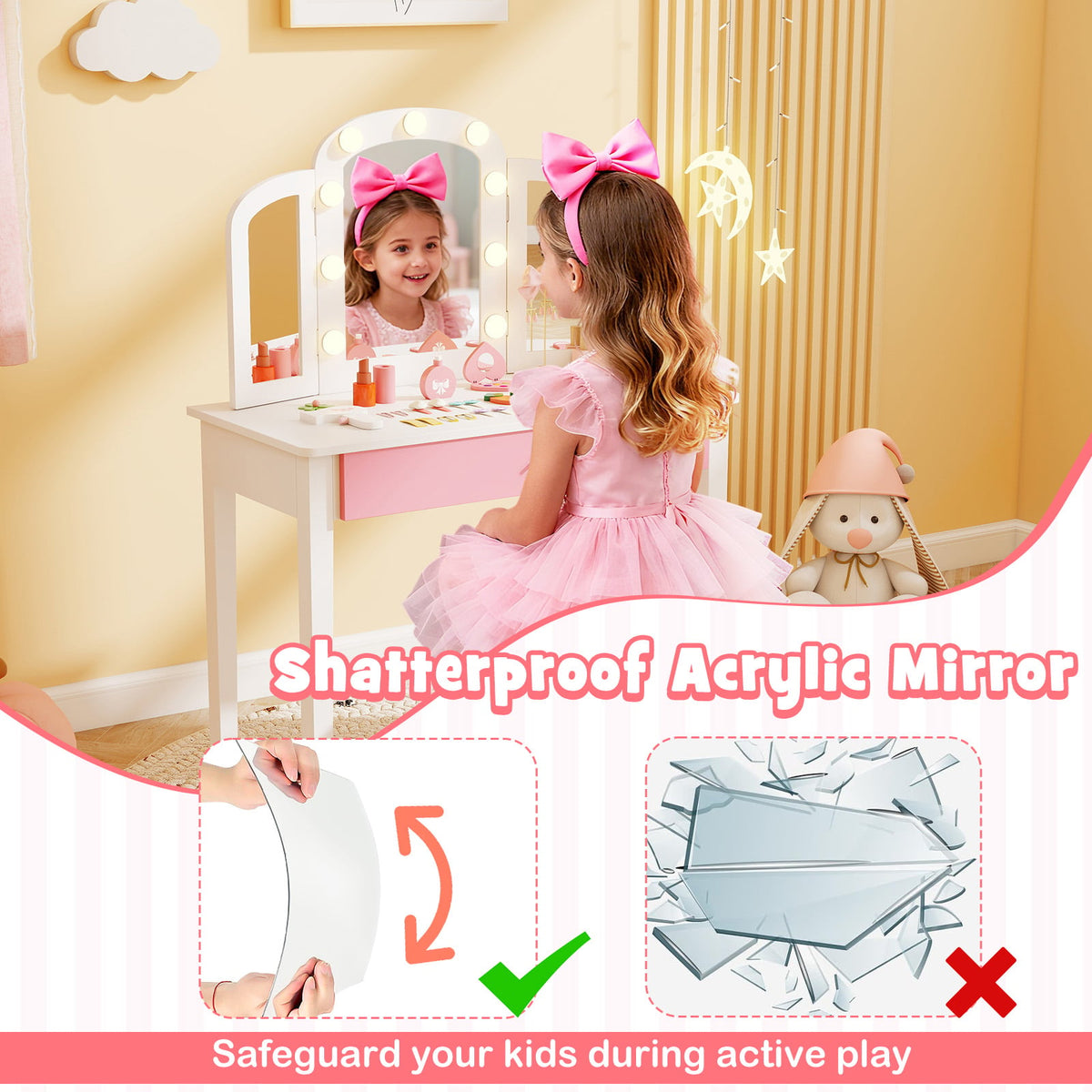 2-in-1 Kids Vanity Table Set with Tri-Folding Detachable Mirror and Lights-White-Kids Vanities-DECOROLALA