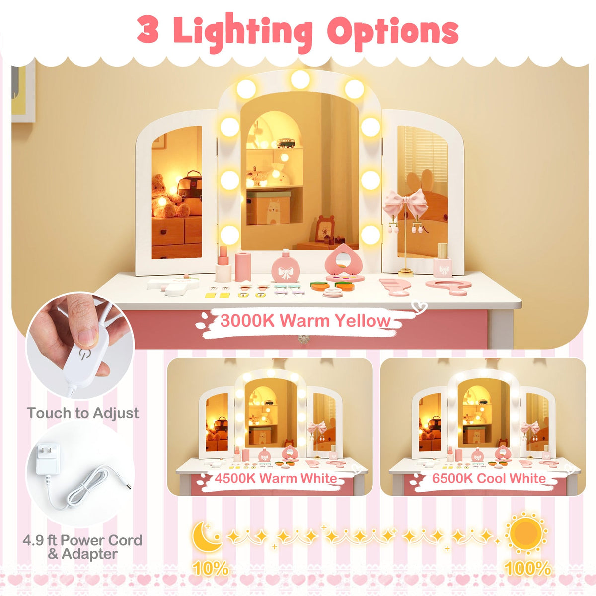 2-in-1 Kids Vanity Table Set with Tri-Folding Detachable Mirror and Lights-White-Kids Vanities-DECOROLALA