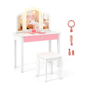 2-in-1 Kids Vanity Table Set with Tri-Folding Detachable Mirror and Lights-White-Kids Vanities-DECOROLALA