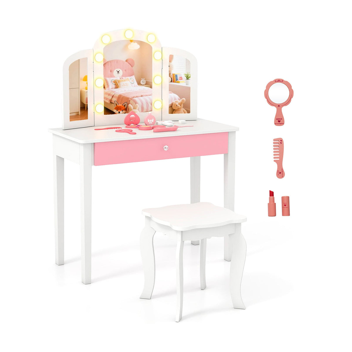 2-in-1 Kids Vanity Table Set with Tri-Folding Detachable Mirror and Lights-White-Kids Vanities-DECOROLALA