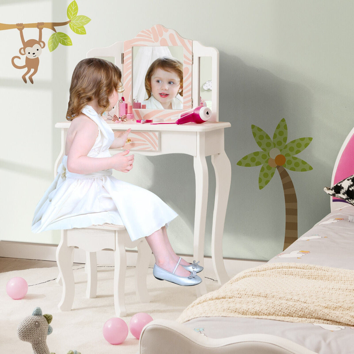 2-in-1 Kids Vanity Table Set with Tri-Folding Mirror-Pink-Kids Vanities-DECOROLALA