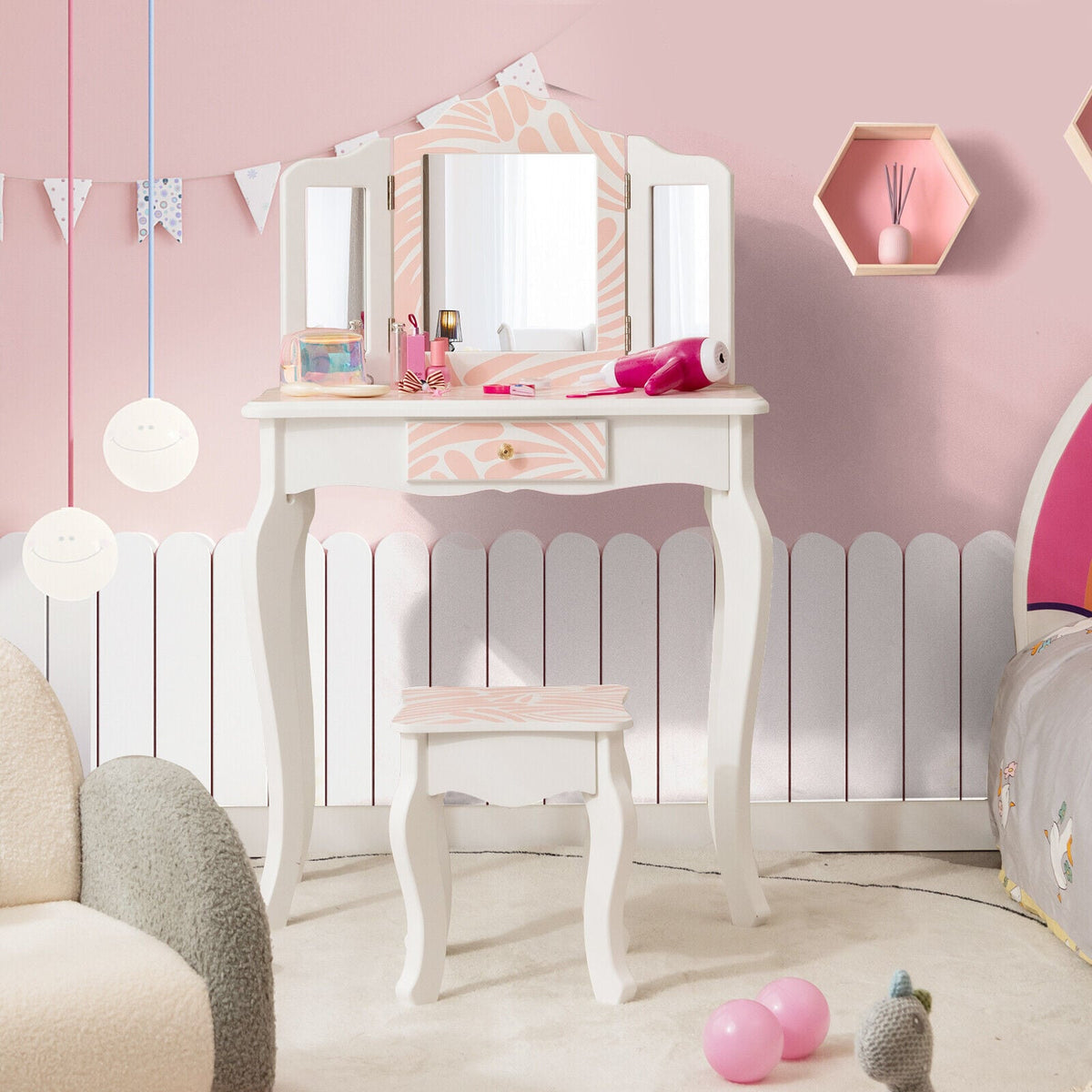 2-in-1 Kids Vanity Table Set with Tri-Folding Mirror-Pink-Kids Vanities-DECOROLALA