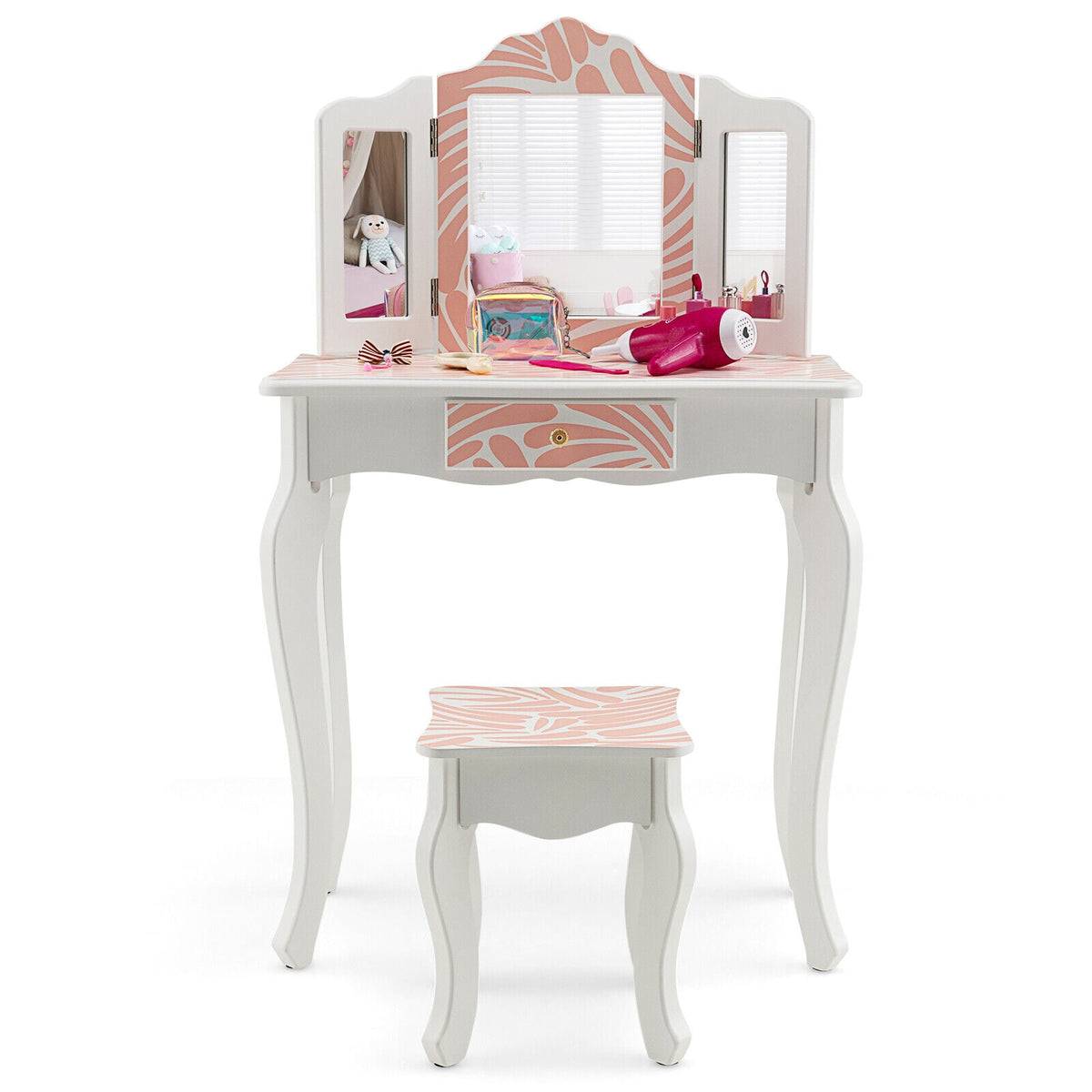 2-in-1 Kids Vanity Table Set with Tri-Folding Mirror-Pink-Kids Vanities-DECOROLALA