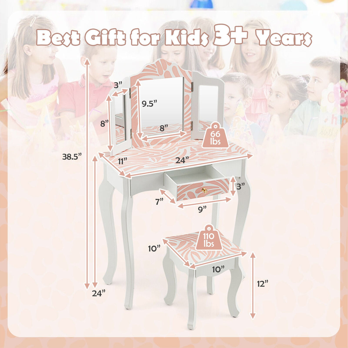 2-in-1 Kids Vanity Table Set with Tri-Folding Mirror-Pink-Kids Vanities-DECOROLALA