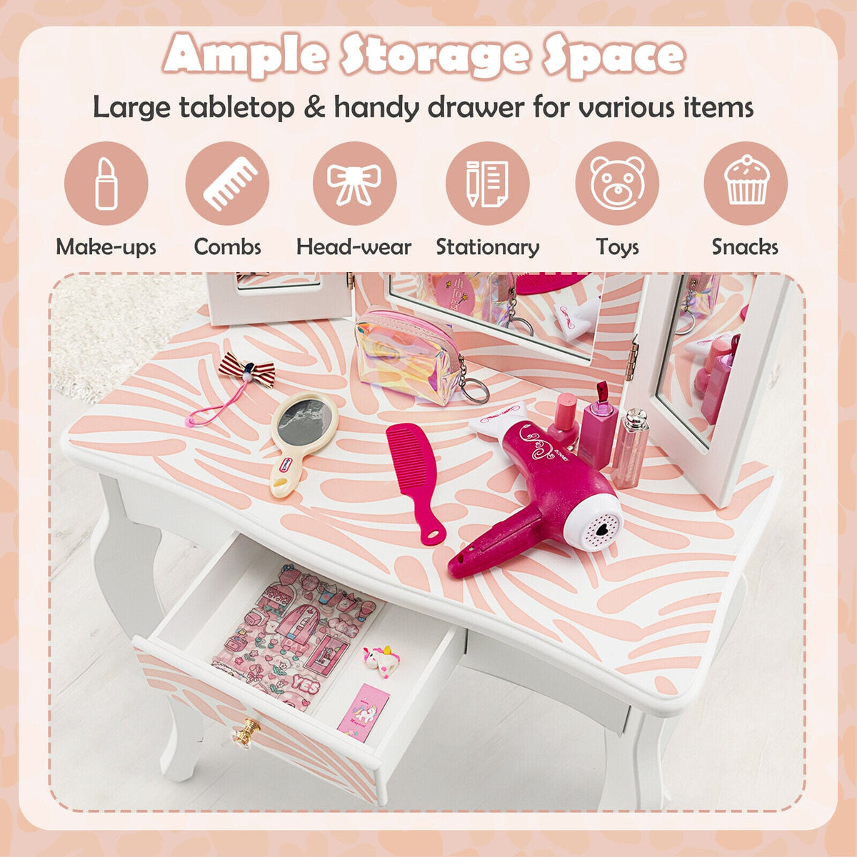 2-in-1 Kids Vanity Table Set with Tri-Folding Mirror-Pink-Kids Vanities-DECOROLALA