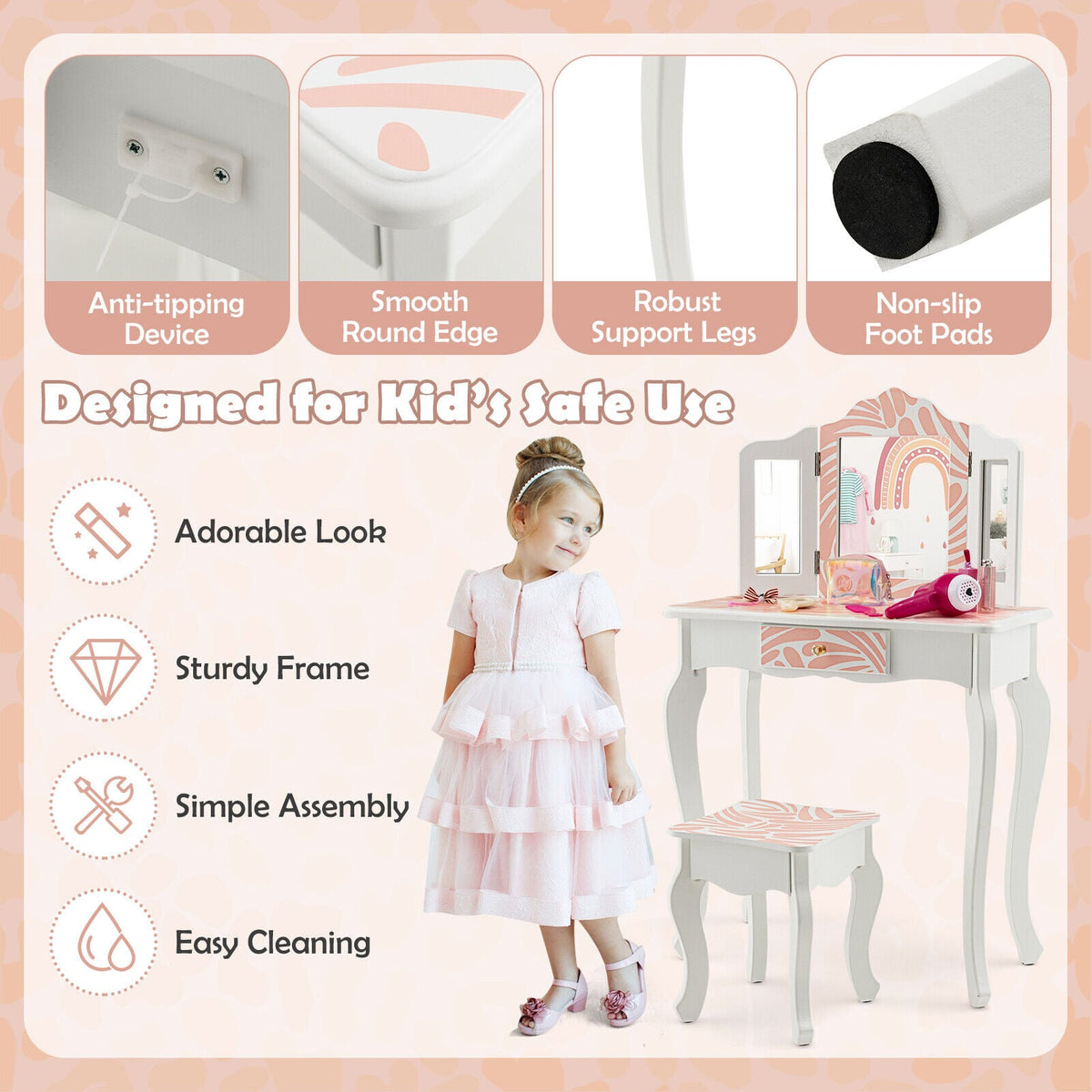 2-in-1 Kids Vanity Table Set with Tri-Folding Mirror-Pink-Kids Vanities-DECOROLALA