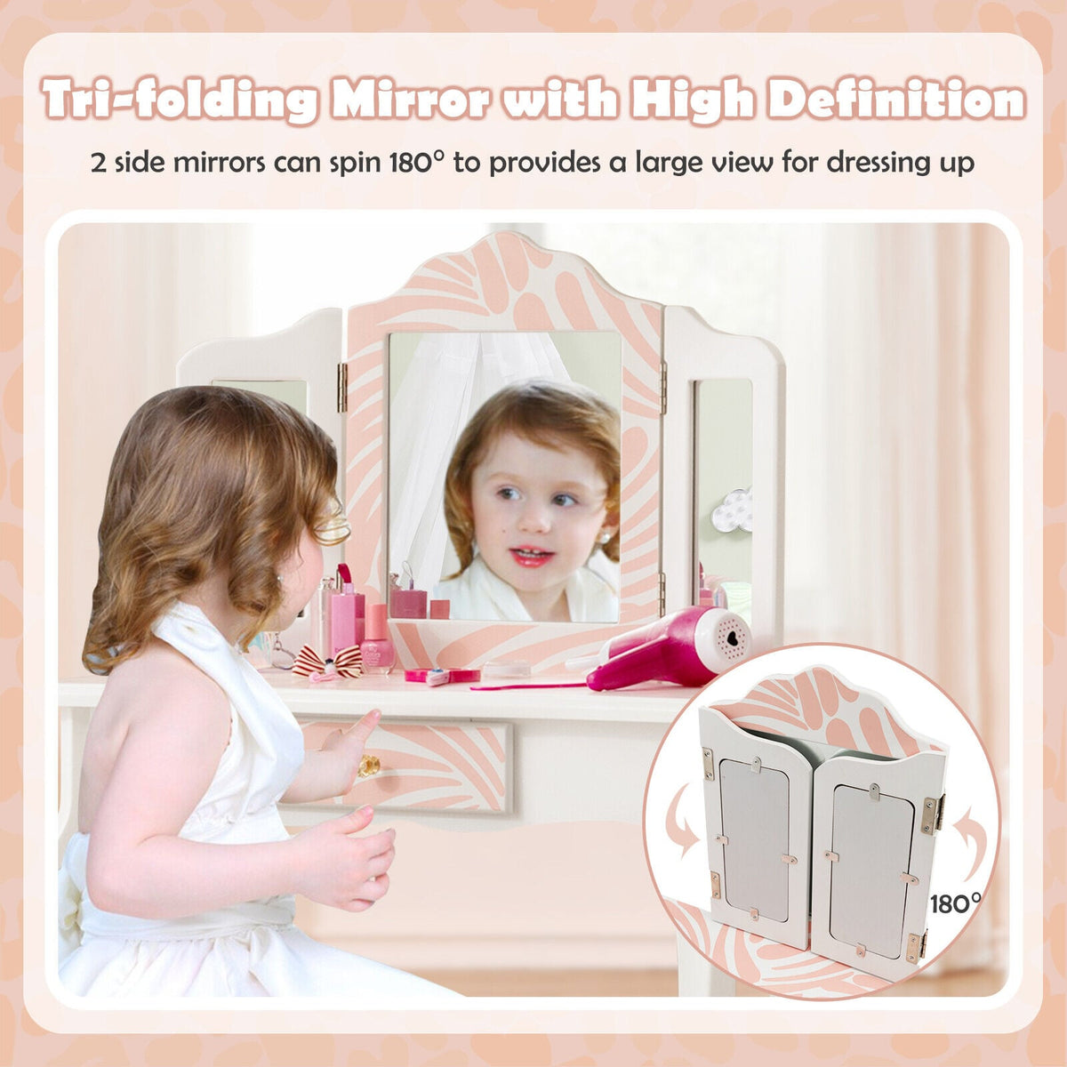 2-in-1 Kids Vanity Table Set with Tri-Folding Mirror-Pink-Kids Vanities-DECOROLALA