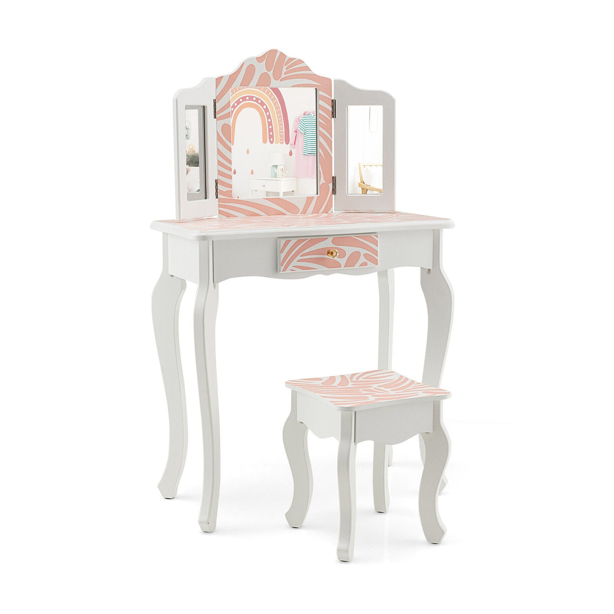 2-in-1 Kids Vanity Table Set with Tri-Folding Mirror-Pink-Kids Vanities-DECOROLALA