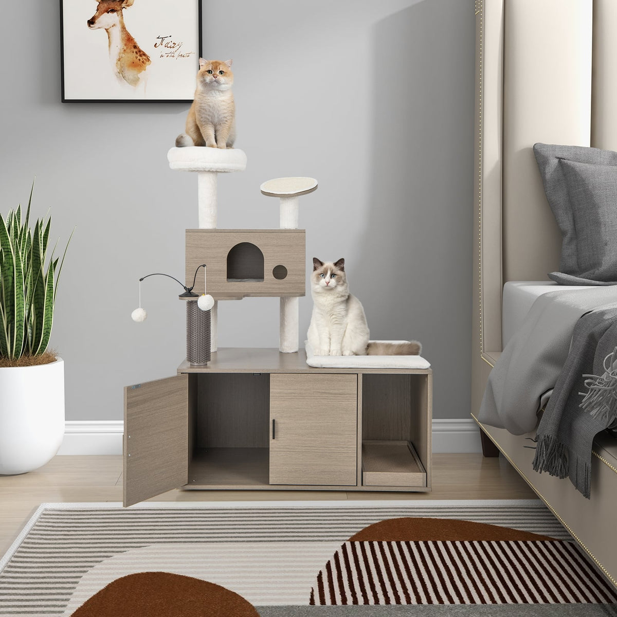 2-in-1 Modern Cat Tower with Litter Box Enclosure for Indoor Cars-Gray-Cat Trees & Scratchers-DECOROLALA
