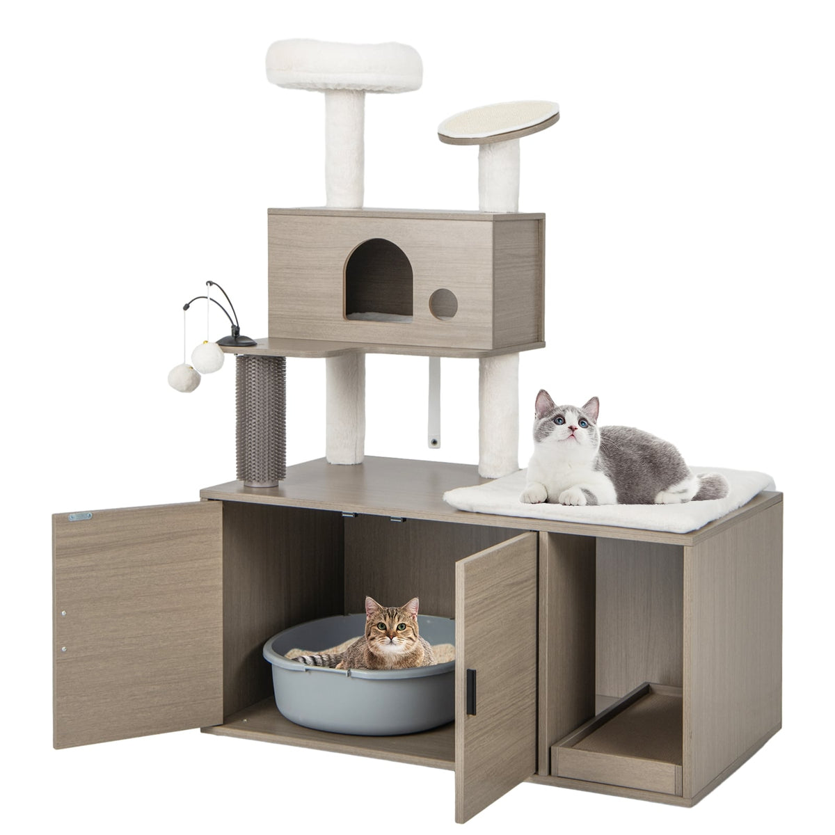 2-in-1 Modern Cat Tower with Litter Box Enclosure for Indoor Cars-Gray-Cat Trees & Scratchers-DECOROLALA