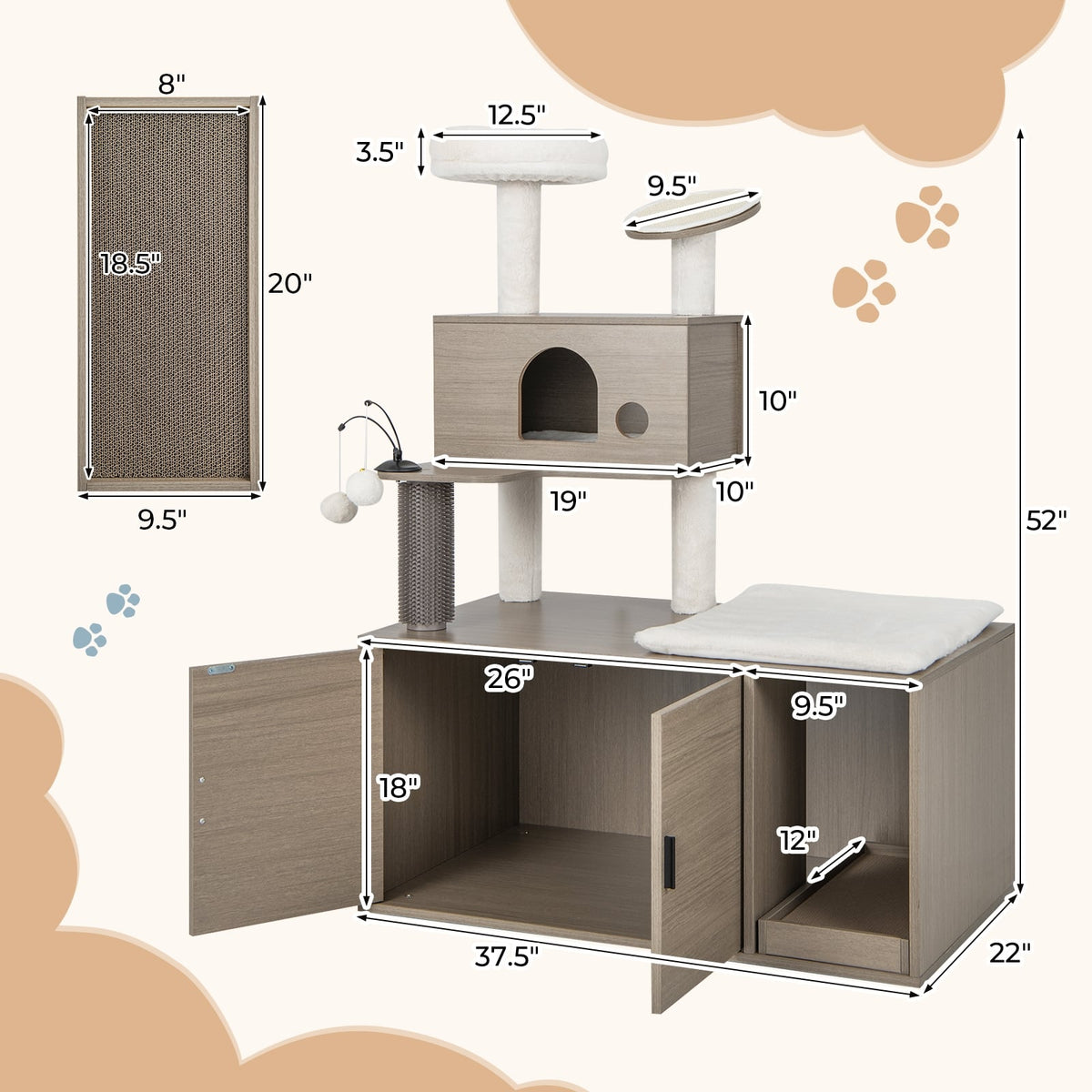 2-in-1 Modern Cat Tower with Litter Box Enclosure for Indoor Cars-Gray-Cat Trees & Scratchers-DECOROLALA