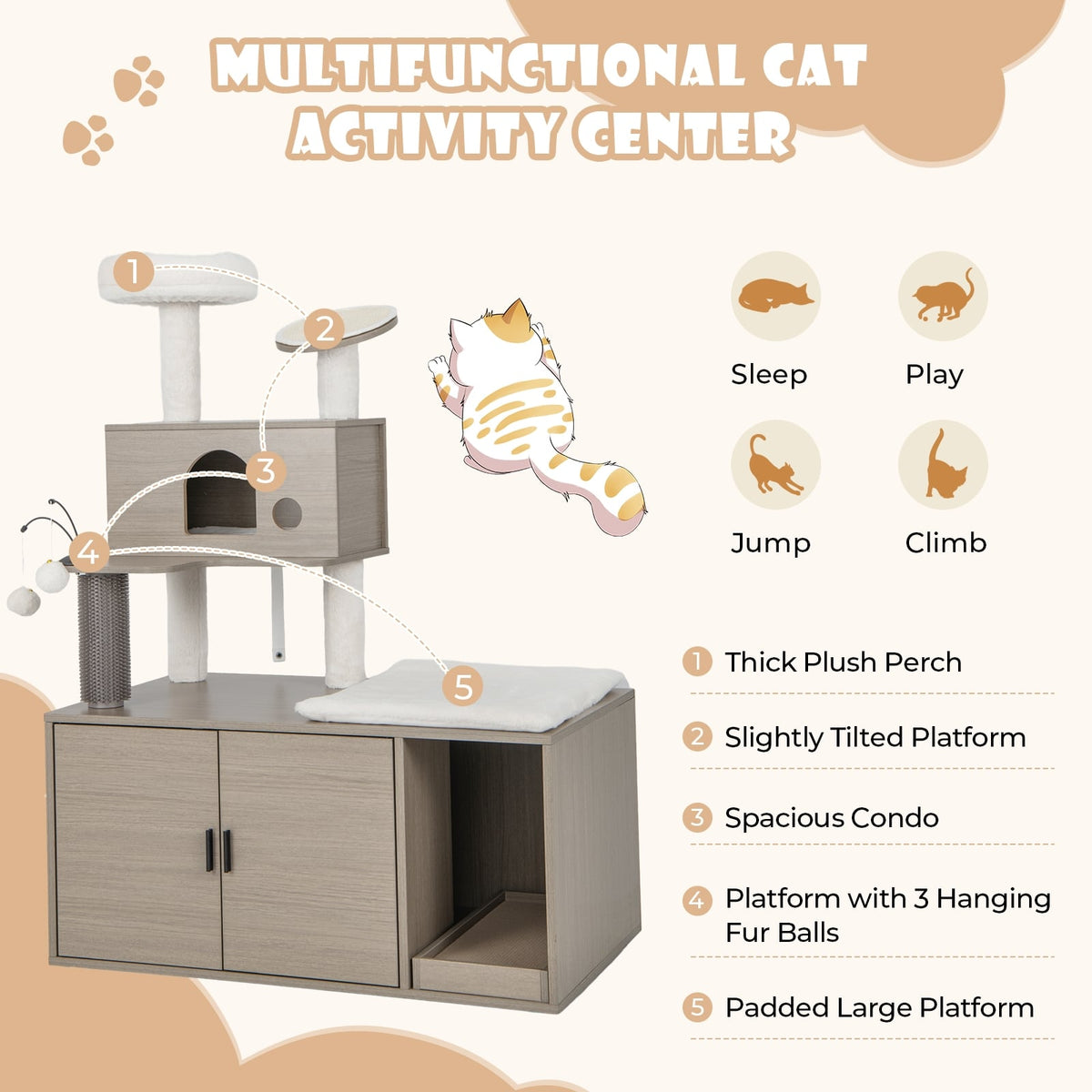 2-in-1 Modern Cat Tower with Litter Box Enclosure for Indoor Cars-Gray-Cat Trees & Scratchers-DECOROLALA