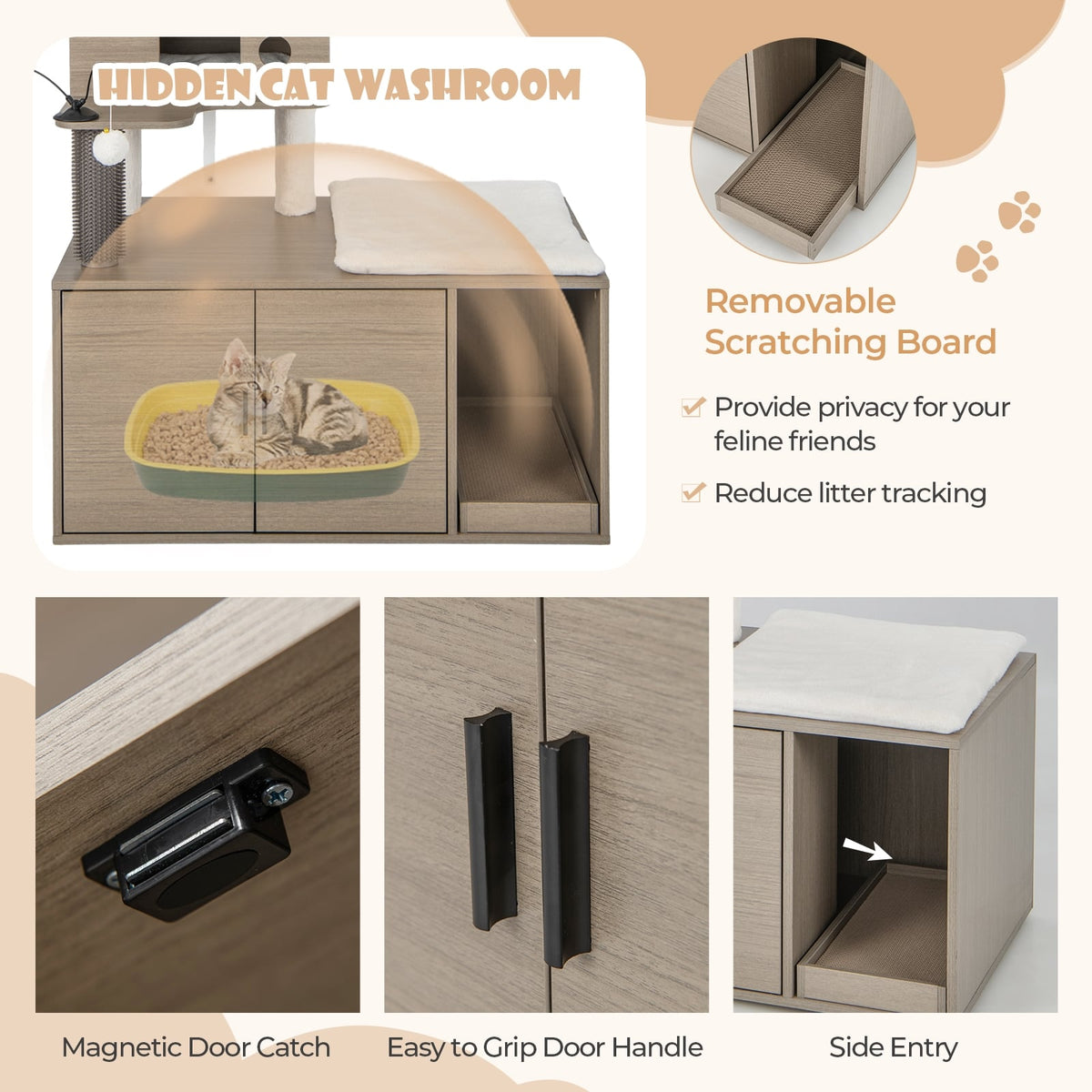2-in-1 Modern Cat Tower with Litter Box Enclosure for Indoor Cars-Gray-Cat Trees & Scratchers-DECOROLALA