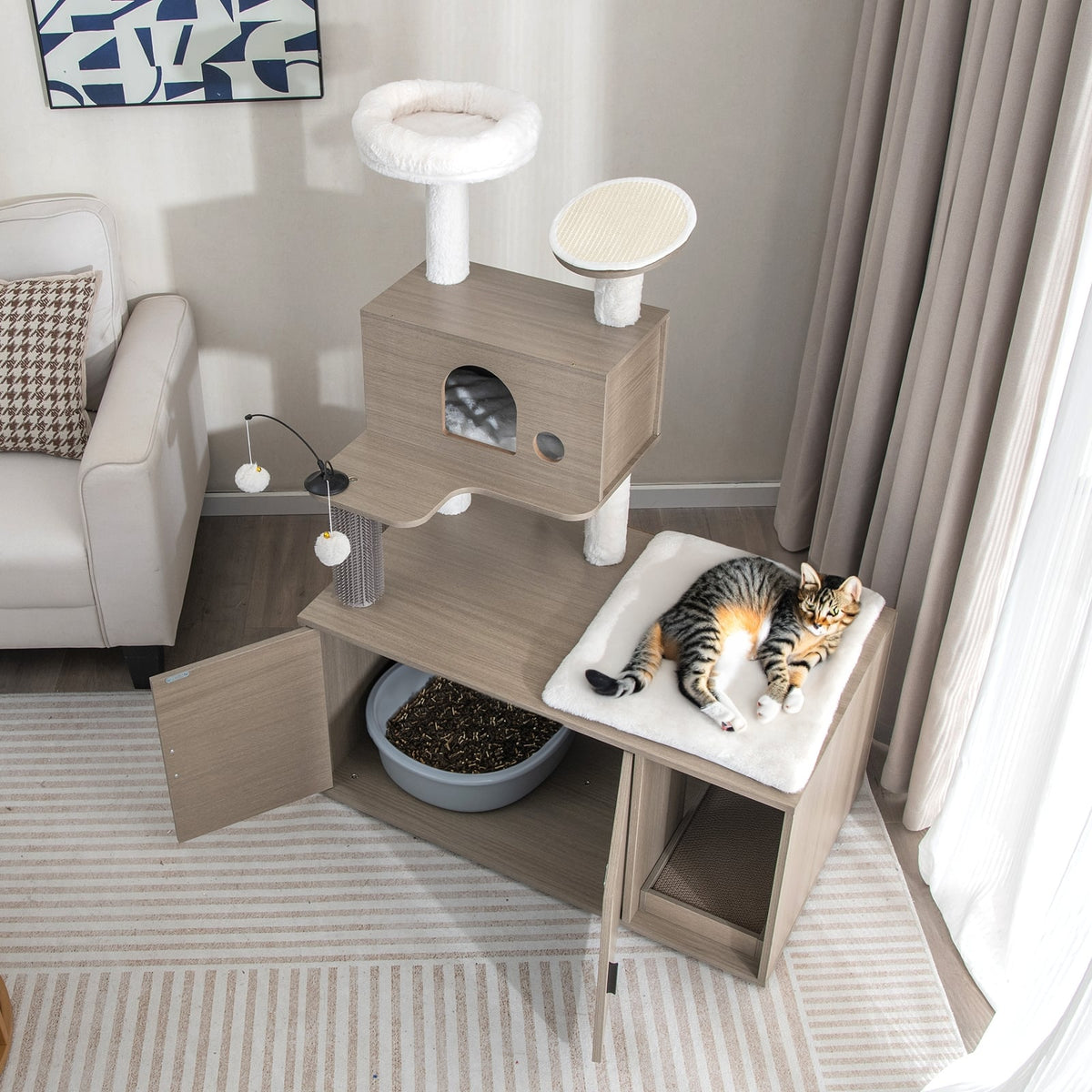 2-in-1 Modern Cat Tower with Litter Box Enclosure for Indoor Cars-Gray-Cat Trees & Scratchers-DECOROLALA