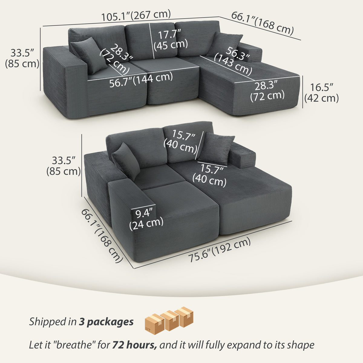 2-in-1 Modular Sectional Sofa Bed, Corduroy - Dark Grey-Home Furnishings > Living Room Furniture > Sofas & Reclining Chairs > L Shaped Couchs-DECOROLALA
