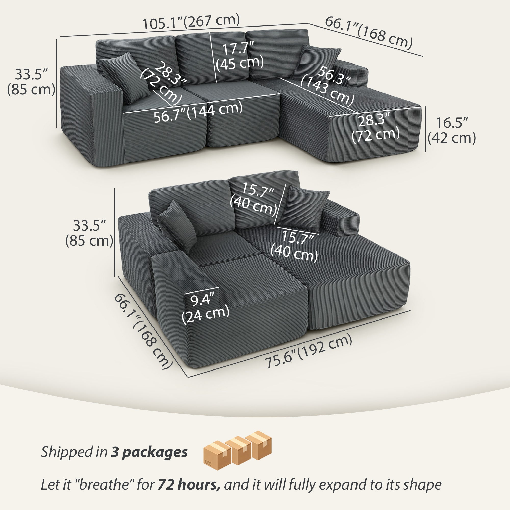 2-in-1 Modular Sectional Sofa Bed, Corduroy - Dark Grey-Home Furnishings > Living Room Furniture > Sofas & Reclining Chairs > L Shaped Couchs-DECOROLALA