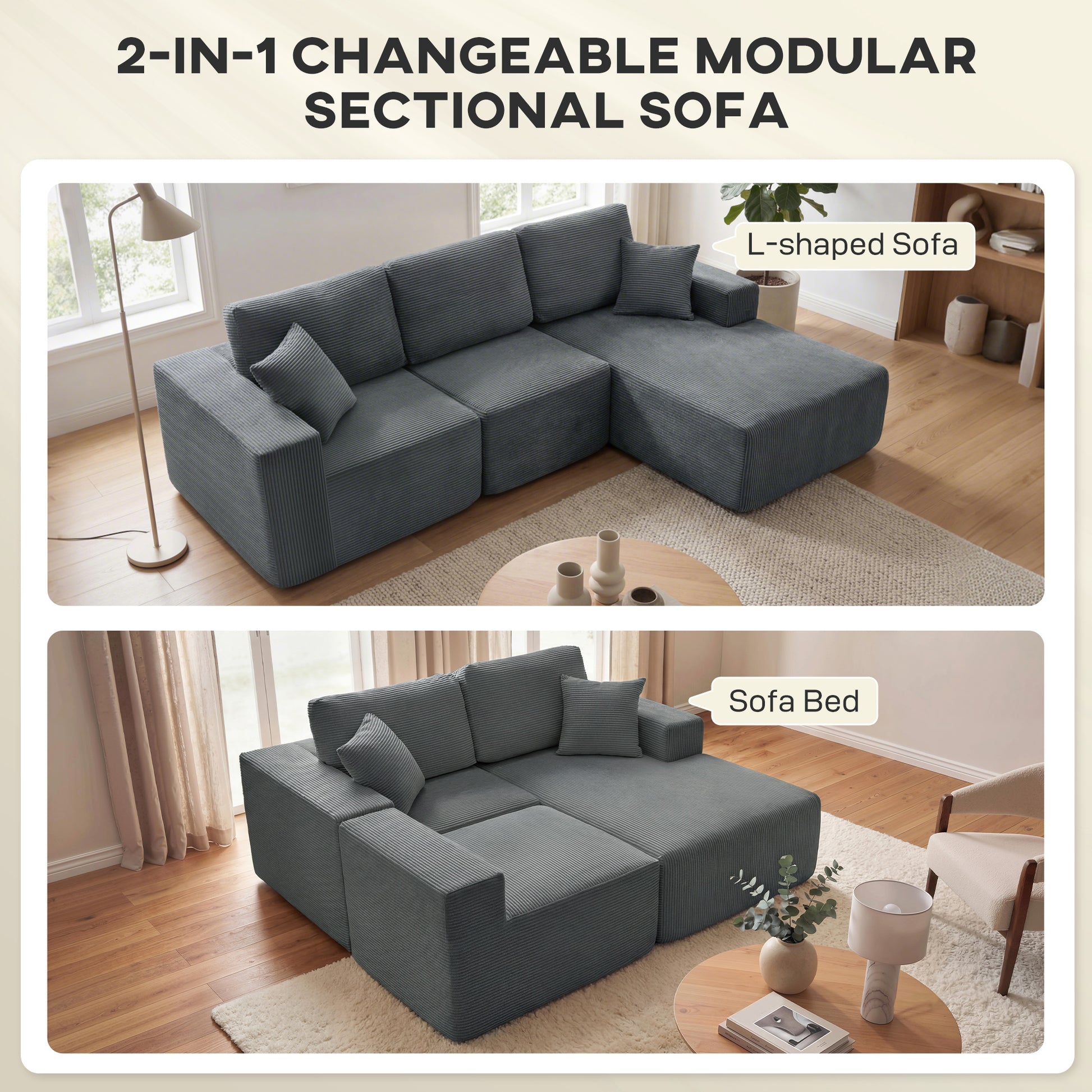 2-in-1 Modular Sectional Sofa Bed - Dark Grey-DECOROLALA