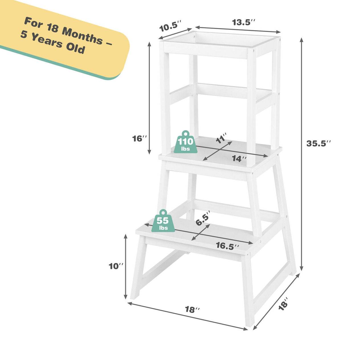2-in-1 Multifunctional Toddler Step Stool with Safety Rail-White-Kids Chairs-DECOROLALA
