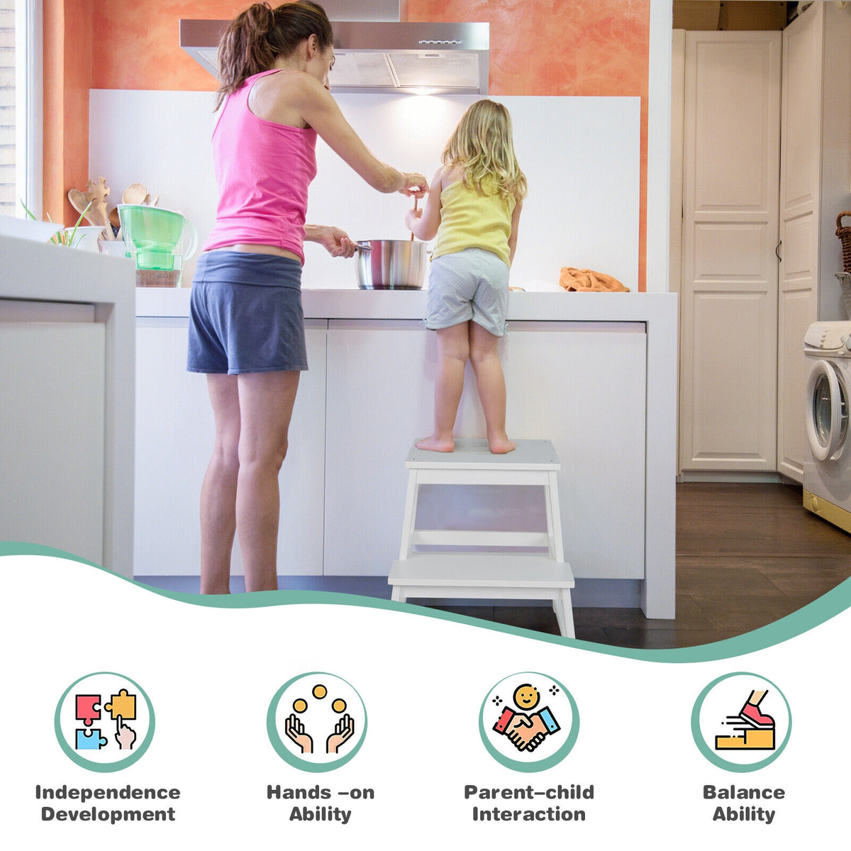 2-in-1 Multifunctional Toddler Step Stool with Safety Rail-White-Kids Chairs-DECOROLALA