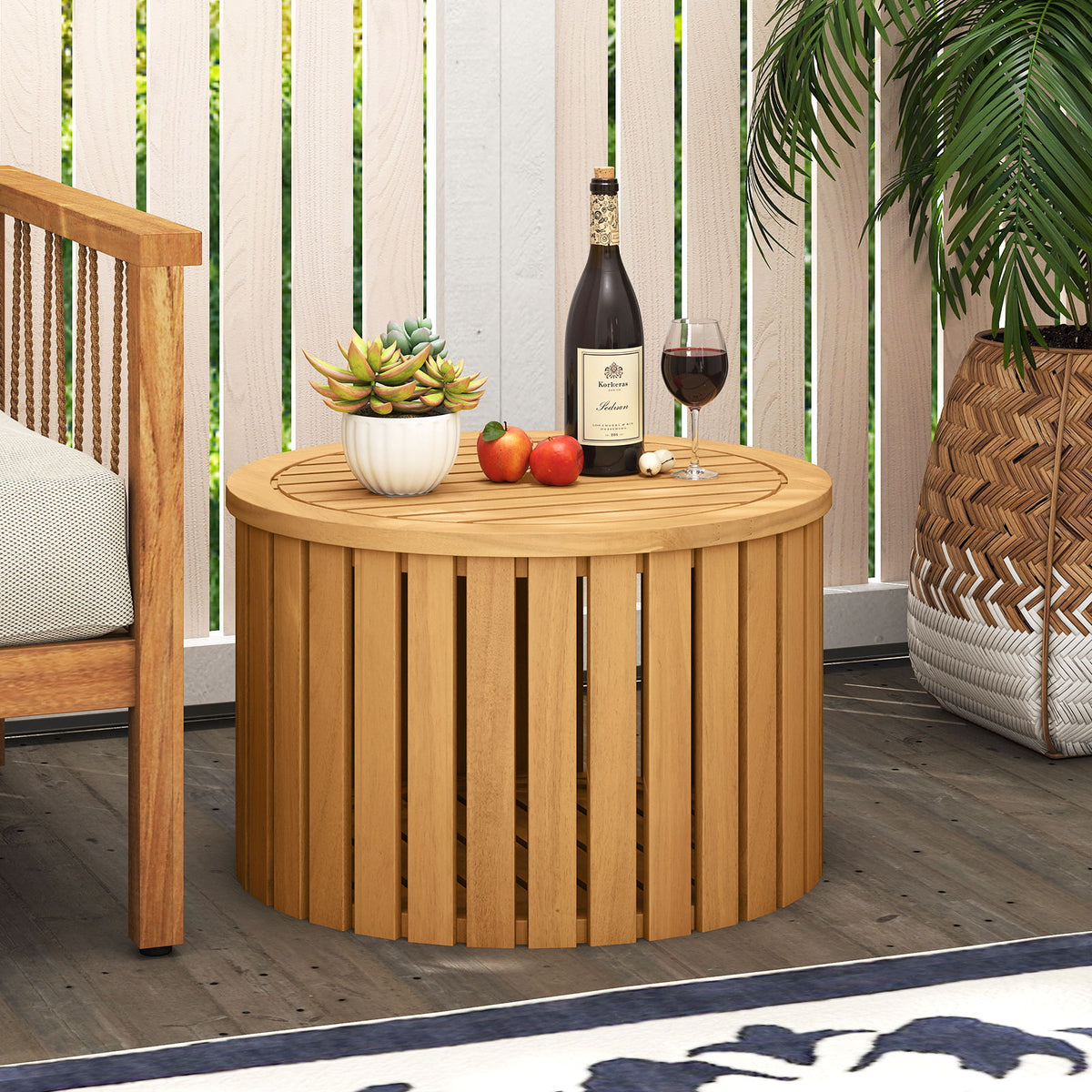 2-in-1 Outdoor Side Table with Storage Acacia Wood Slatted Coffee Table Round Slatted End Storage Box-Patio Coffee Tables-DECOROLALA