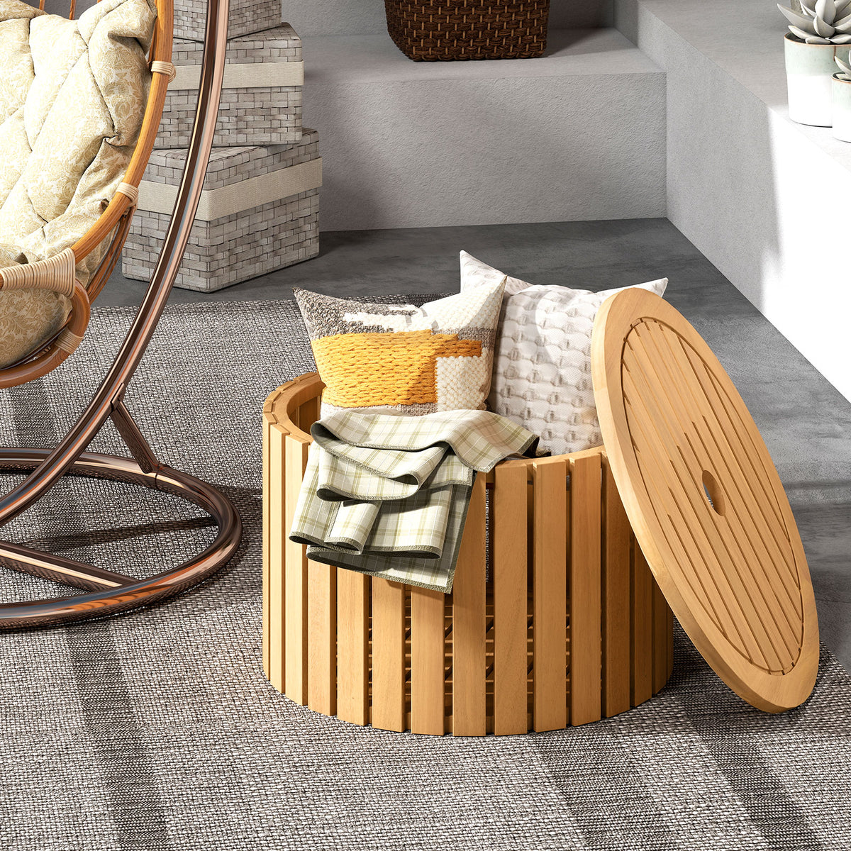 2-in-1 Outdoor Side Table with Storage Acacia Wood Slatted Coffee Table Round Slatted End Storage Box-Patio Coffee Tables-DECOROLALA