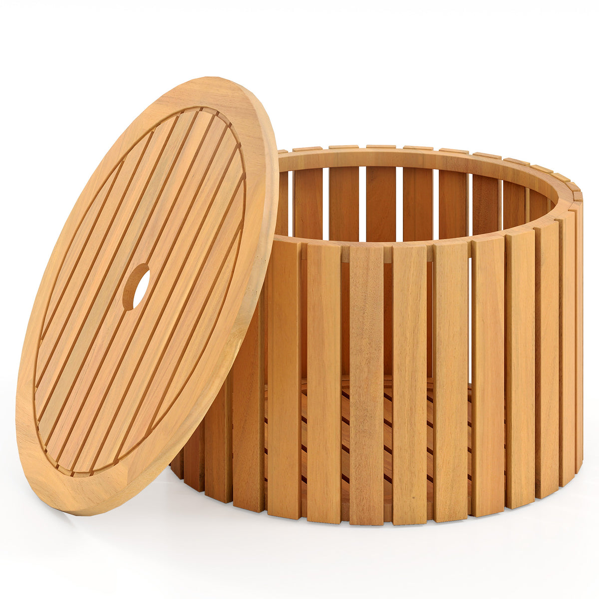 2-in-1 Outdoor Side Table with Storage Acacia Wood Slatted Coffee Table Round Slatted End Storage Box-Patio Coffee Tables-DECOROLALA