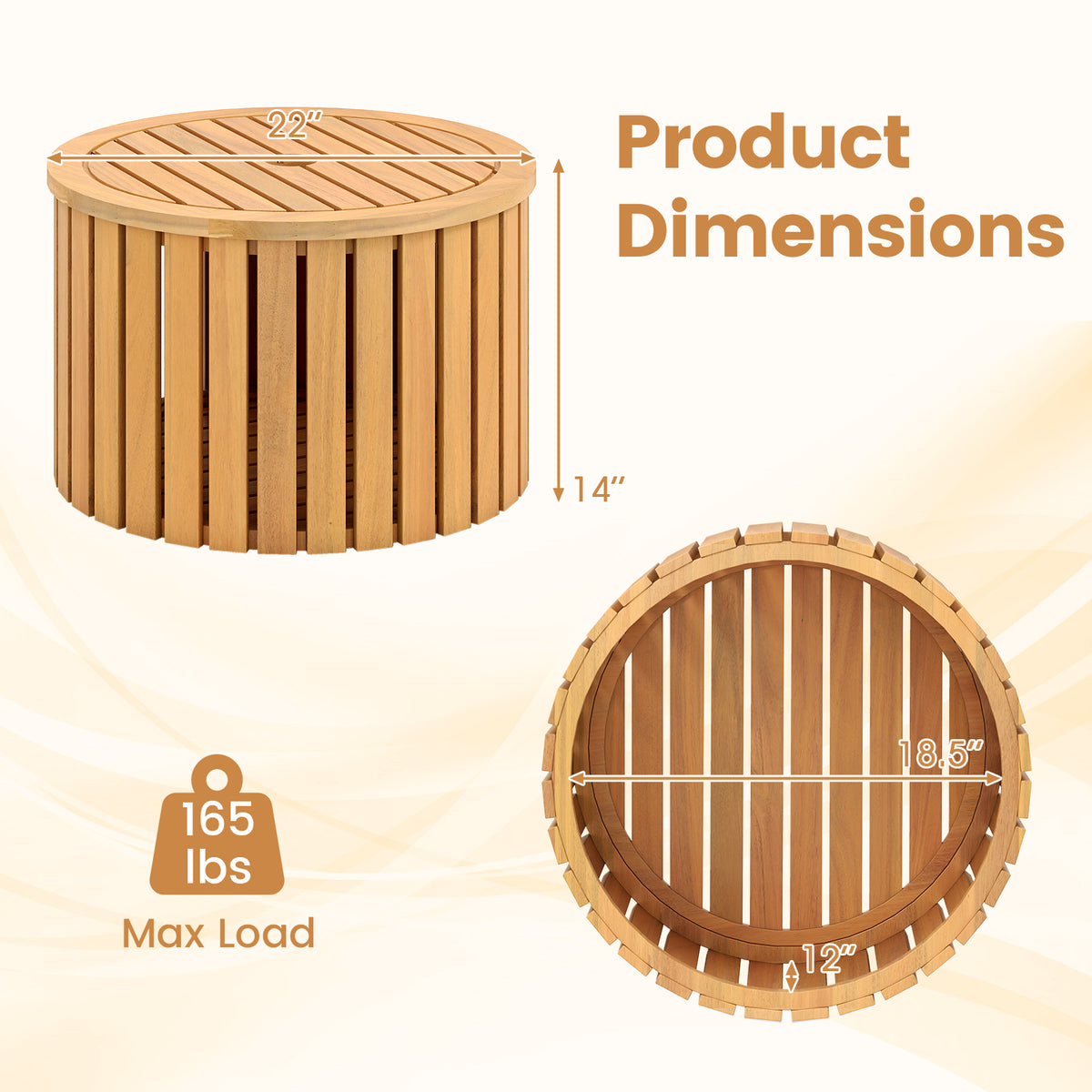 2-in-1 Outdoor Side Table with Storage Acacia Wood Slatted Coffee Table Round Slatted End Storage Box-Patio Coffee Tables-DECOROLALA