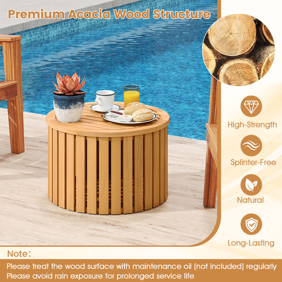 2-in-1 Outdoor Side Table with Storage Acacia Wood Slatted Coffee Table Round Slatted End Storage Box-Patio Coffee Tables-DECOROLALA