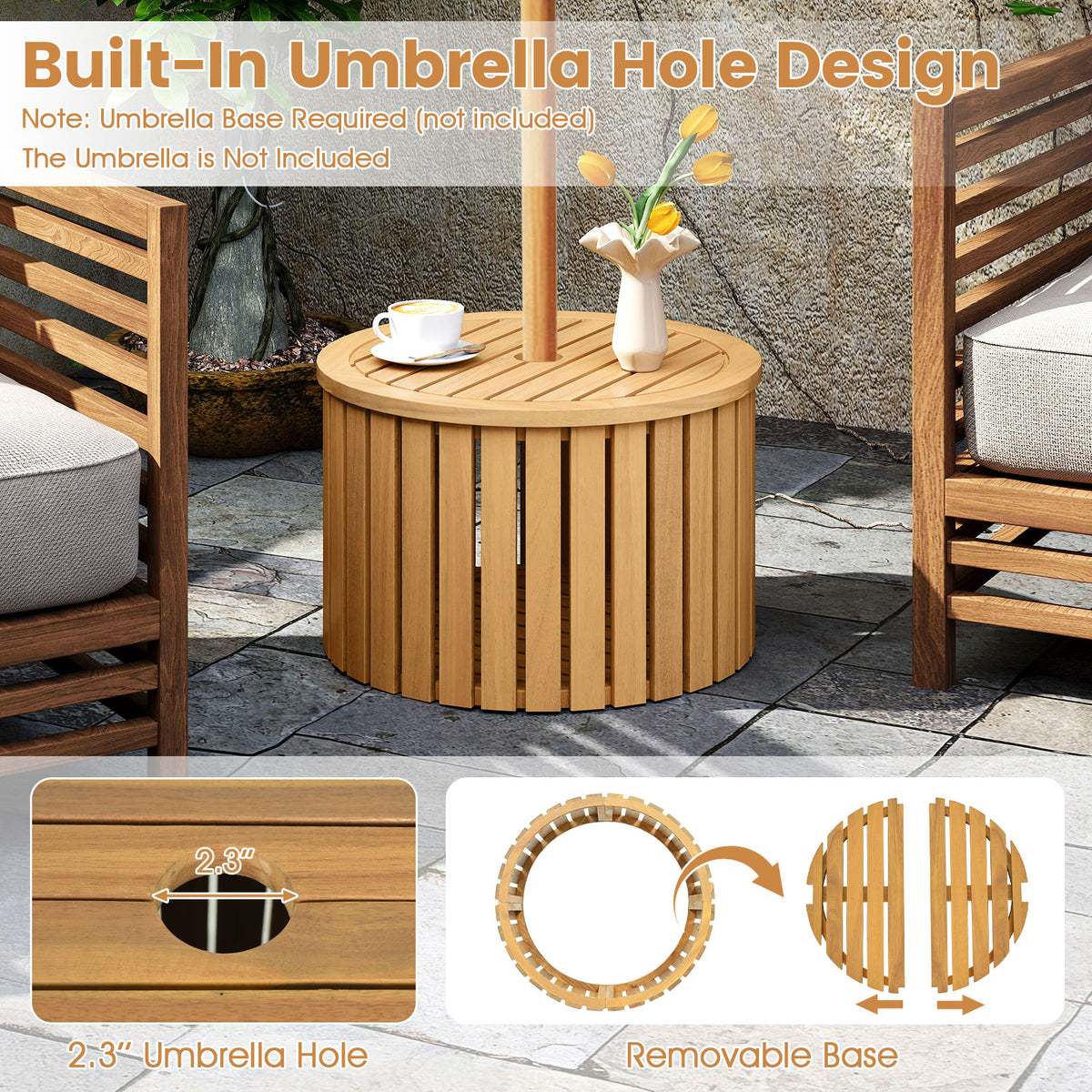 2-in-1 Outdoor Side Table with Storage Acacia Wood Slatted Coffee Table Round Slatted End Storage Box-Patio Coffee Tables-DECOROLALA