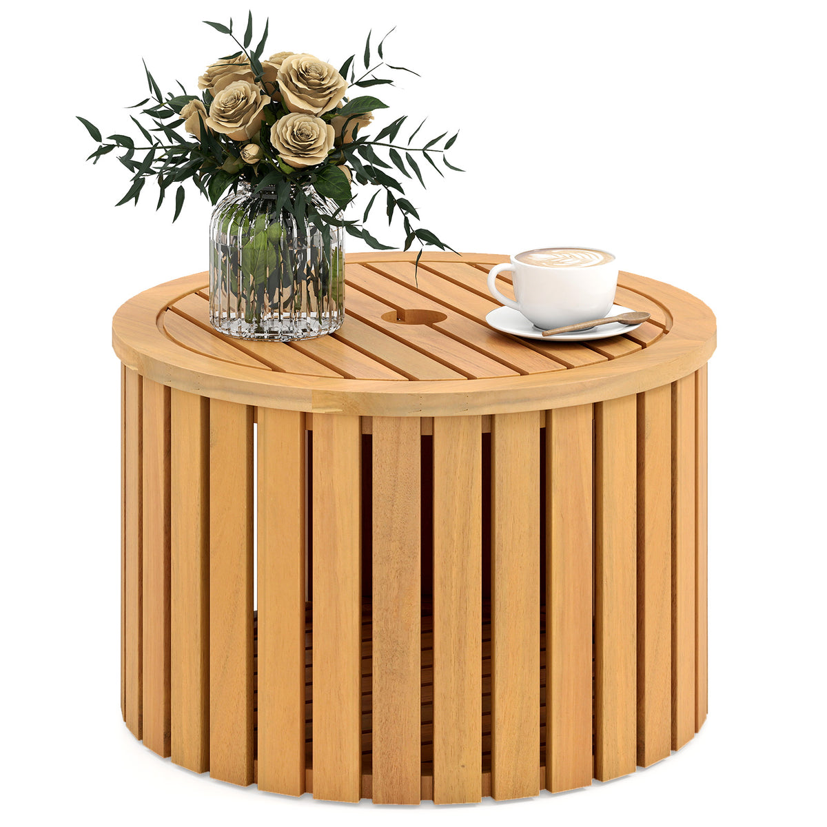 2-in-1 Outdoor Side Table with Storage Acacia Wood Slatted Coffee Table Round Slatted End Storage Box-Patio Coffee Tables-DECOROLALA